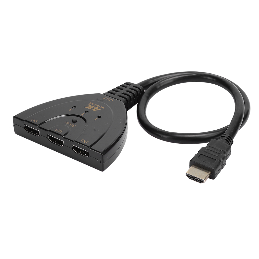 Schwarzer HDMI-Switch mit drei Eingangs- und einem Ausgangsanschluss. 'Select'-Taste und 4K Ultra HD-Etikett.