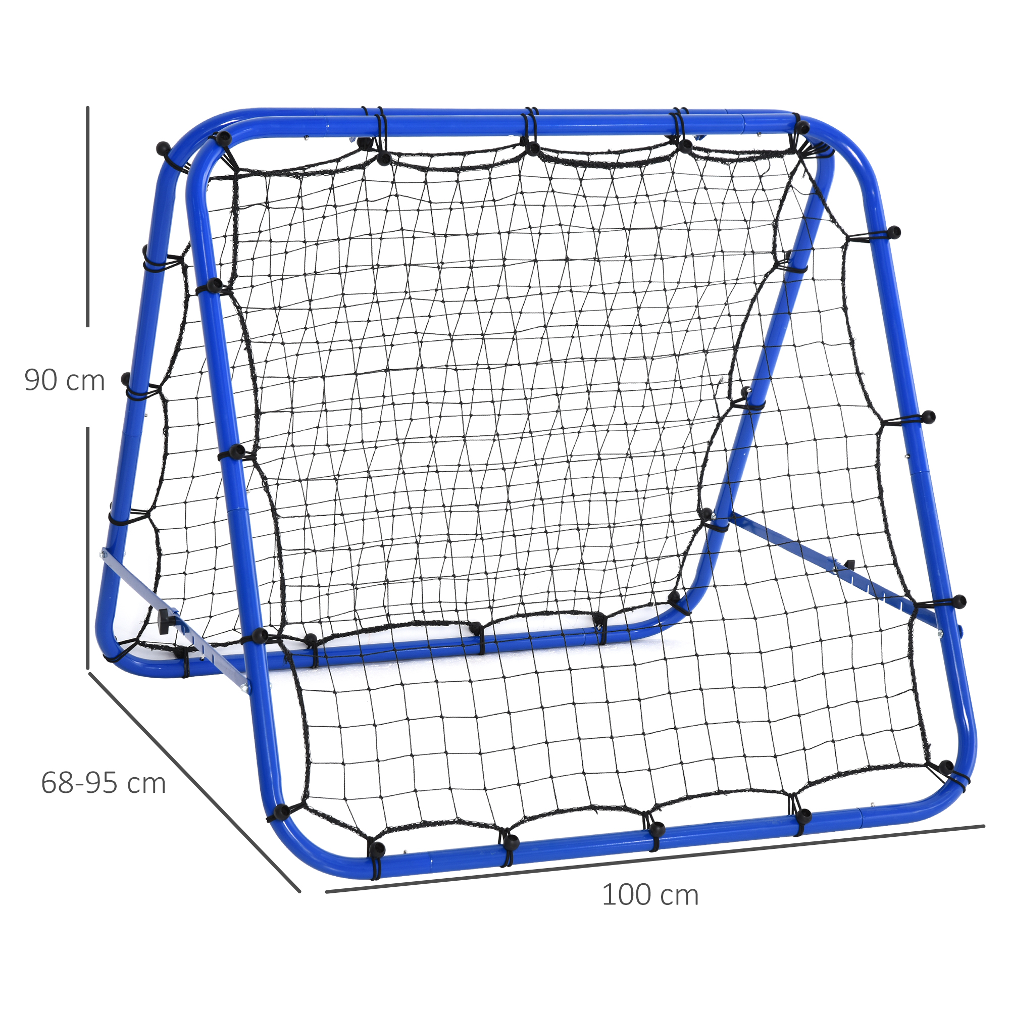 Blaues Fußballtornetz mit angegebenen Abmessungen, schwarzem Netz und blauem Rahmen.