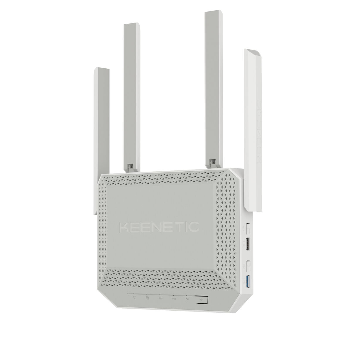 Biało-szary router Keenetic z 4 antenami. Posiada kilka portów i widoczne jest logo Keenetic.