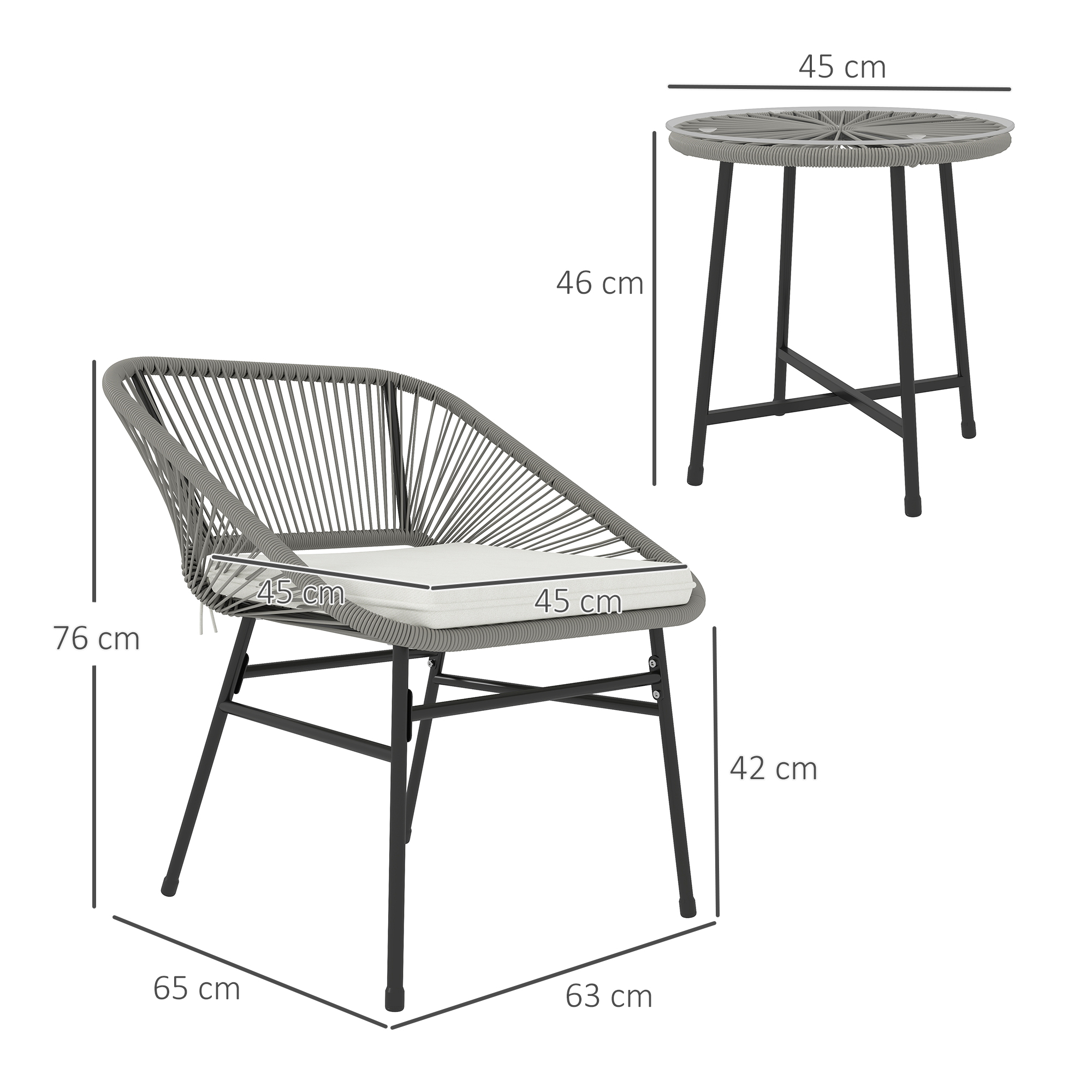Grauer Stuhl im Seil-Stil mit Maßen beschriftet. Rechts ein kleiner runder Tisch. Messungen werden angezeigt.