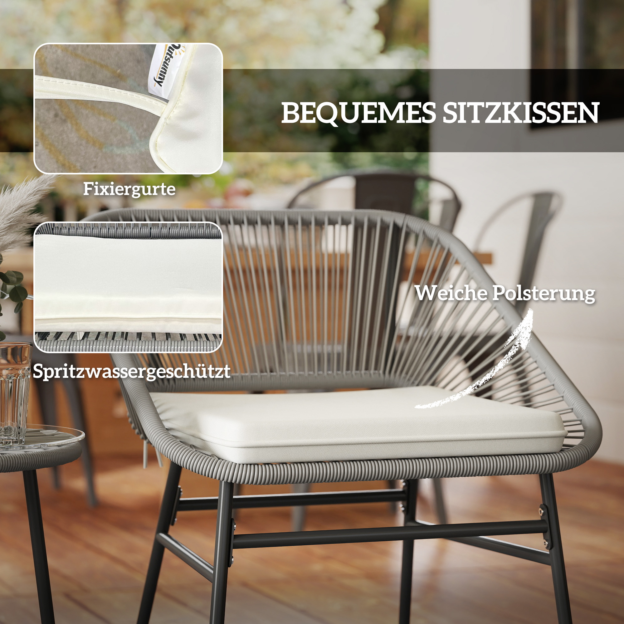 Weißes Kissen auf grauem Stuhl. Nahaufnahme der Kissendetails. Hintergrund zeigt einen Terrassentisch.