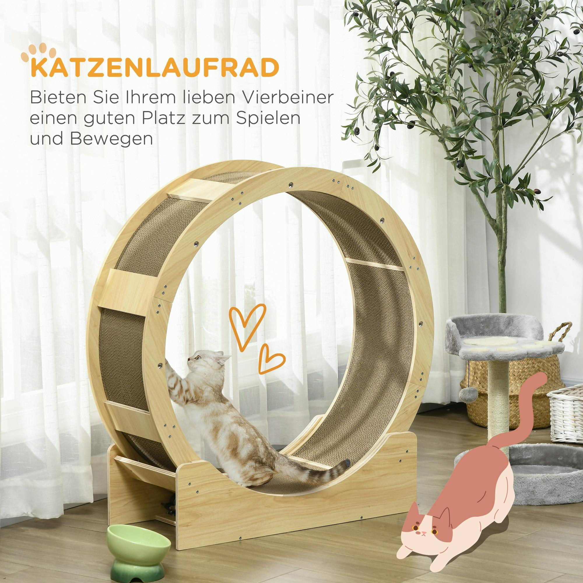 Eine Cartoon-Katze rennt auf einem Holzrad. Eine weitere Katze ist abgebildet. Eine grüne Schüssel und ein Baum sind sichtbar.