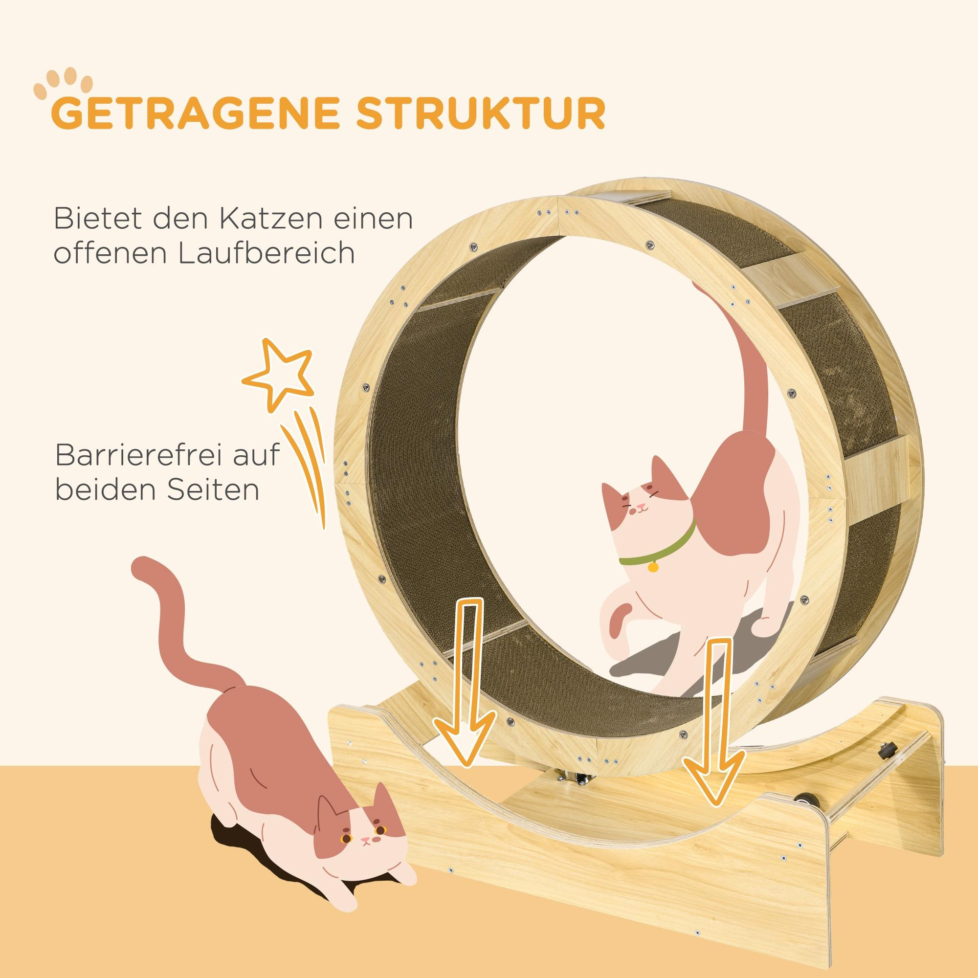 Katzenrad mit Katzen auf Holzständer. Eine Katze im Rad, eine am Boden.