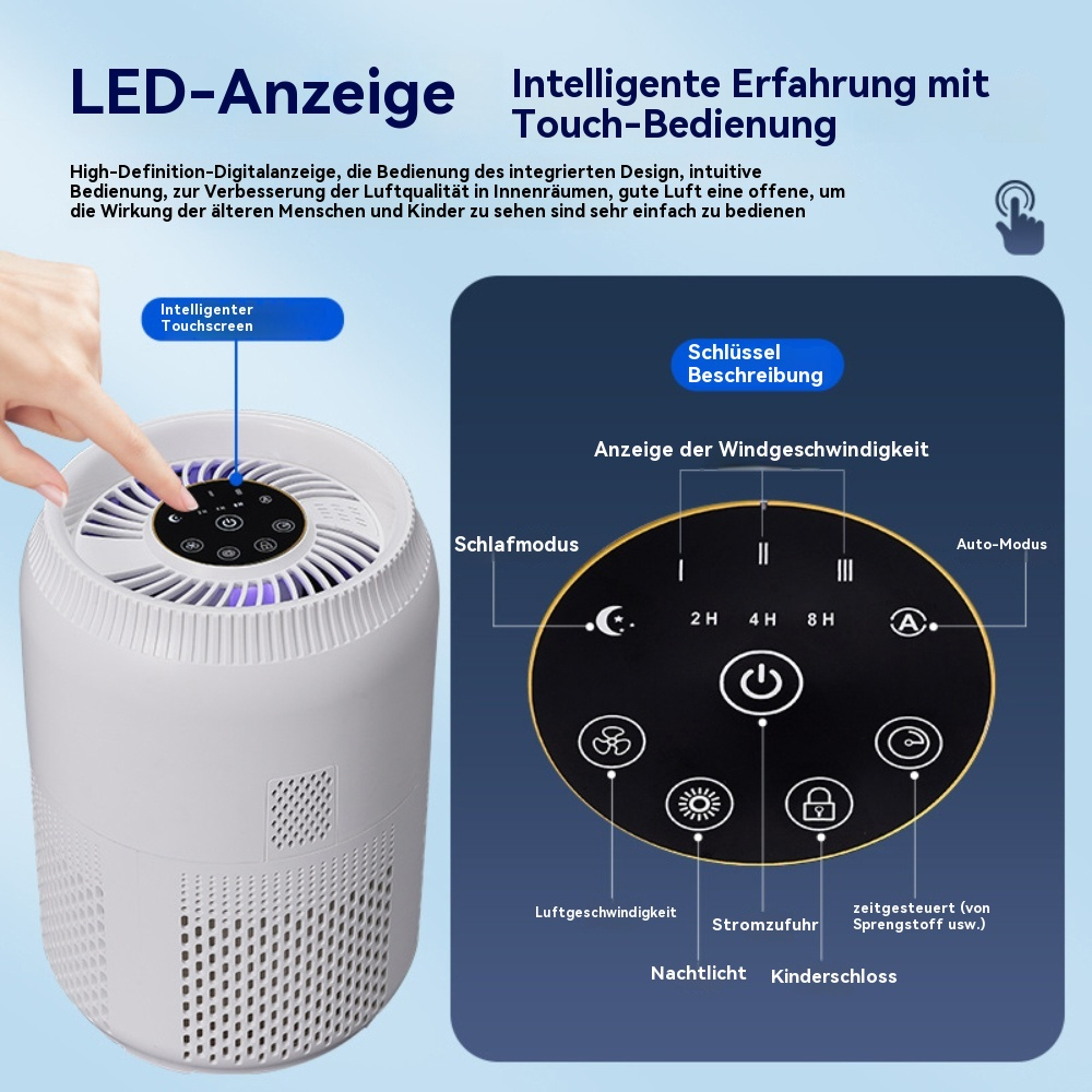Luftreiniger mit Digitalanzeige, Touchscreen und Bedienfeld mit Symbolen.