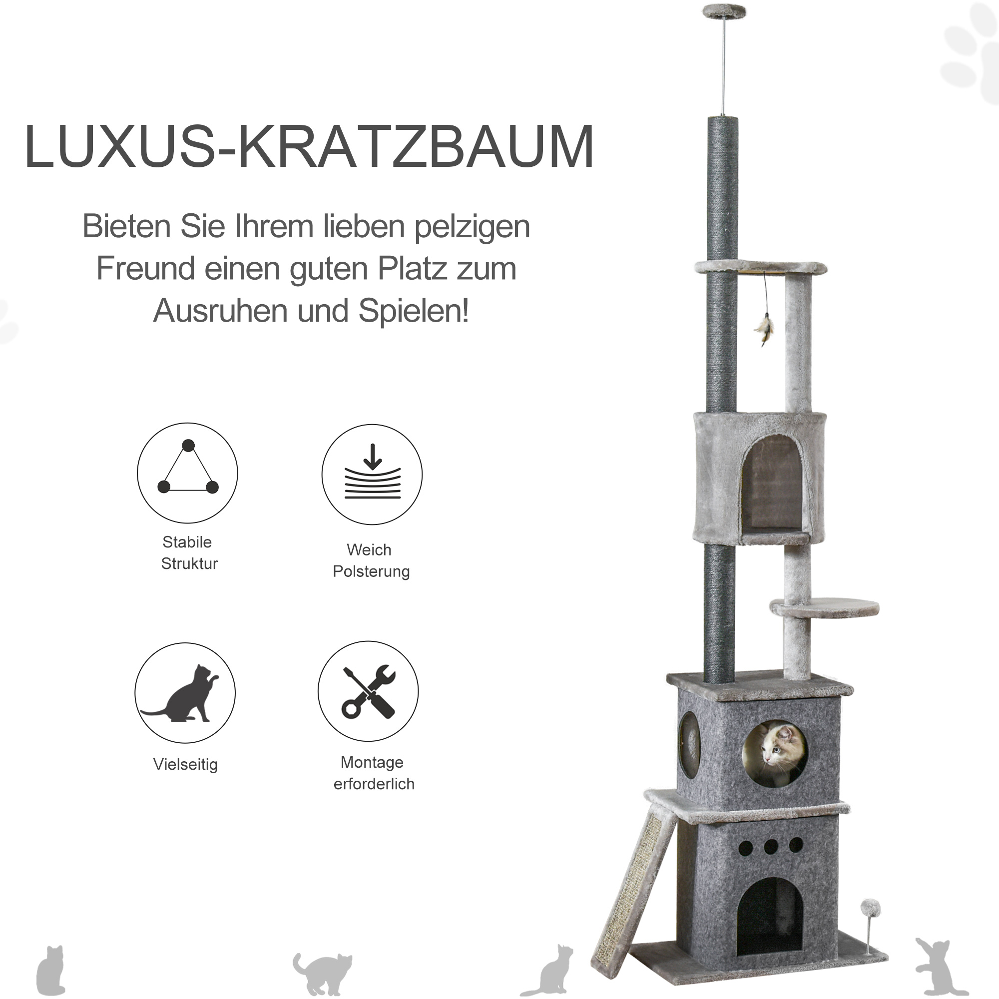 Ein hoher Kratzbaum mit mehreren Ebenen, einem grauen Katzenbett und Kratzpfosten.