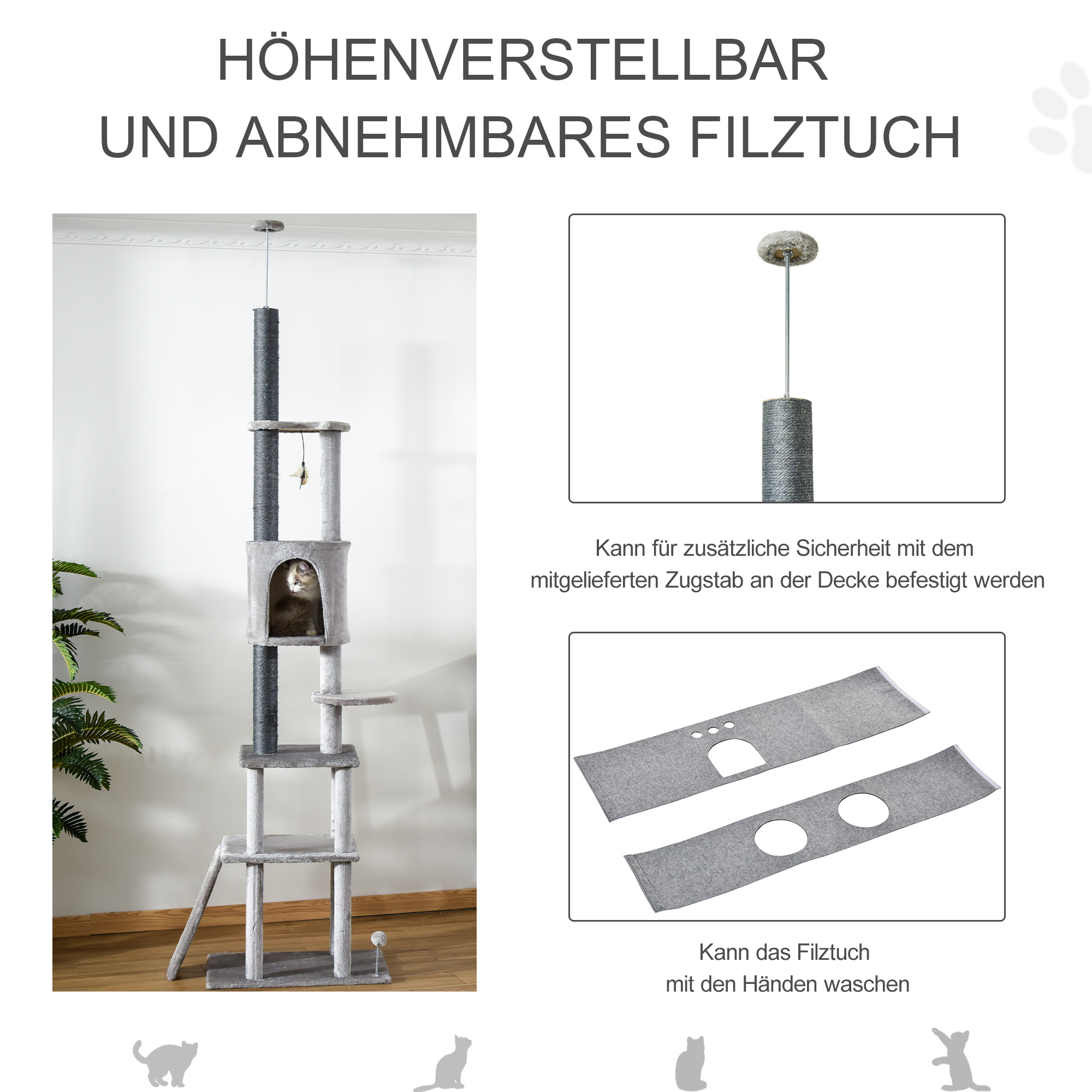 Kratzbaum mit mehreren Ebenen, einem Katzenhaus, Kratzbäumen und Spielzeug, mit Maßen.