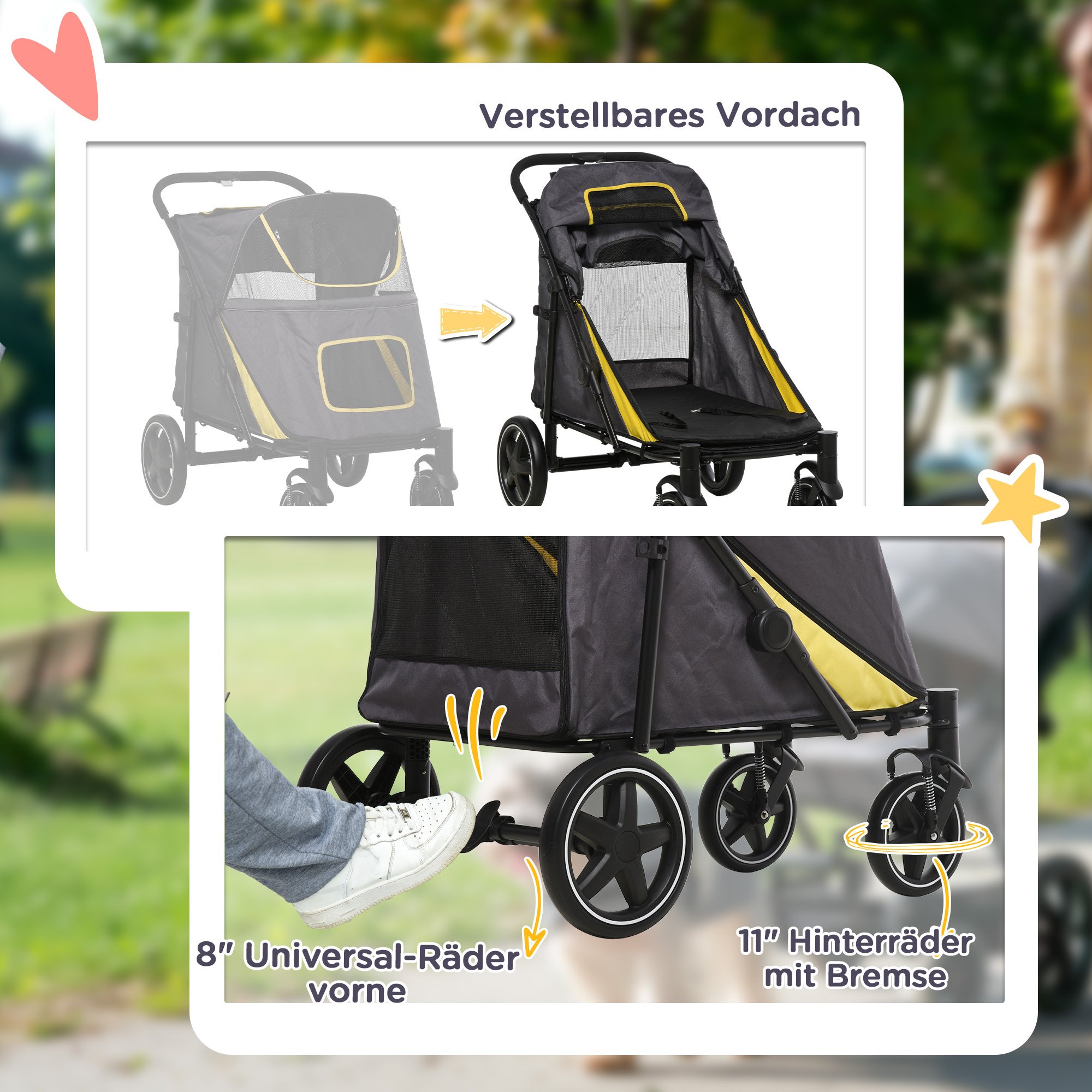 Diagramm eines Haustier-Kinderwagens mit verstellbarem Verdeck und Raddetails, einschließlich 8" und 11" Rädern.