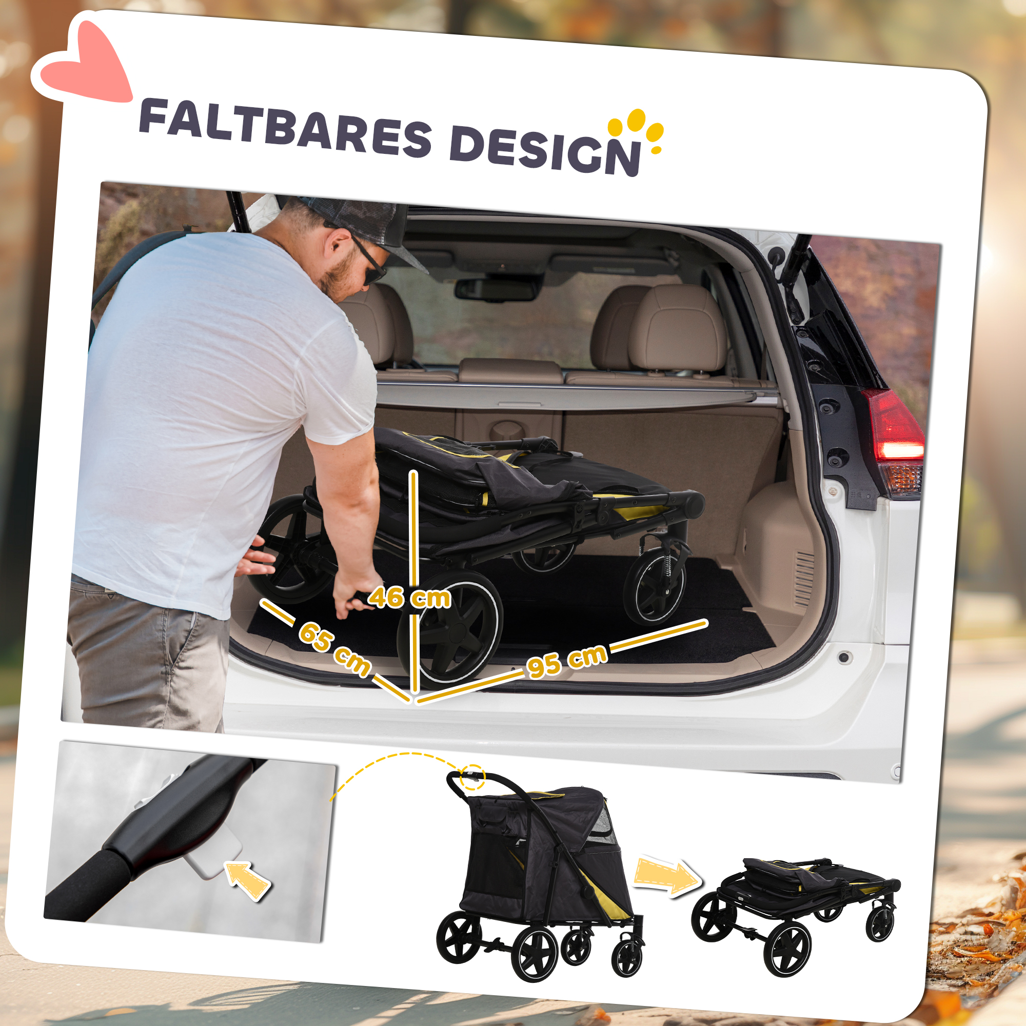Collage eines faltbaren Hunde-Kinderwagens mit Maßen. Eine Person belädt ihn in ein Auto, wobei die Abmessungen gezeigt werden.