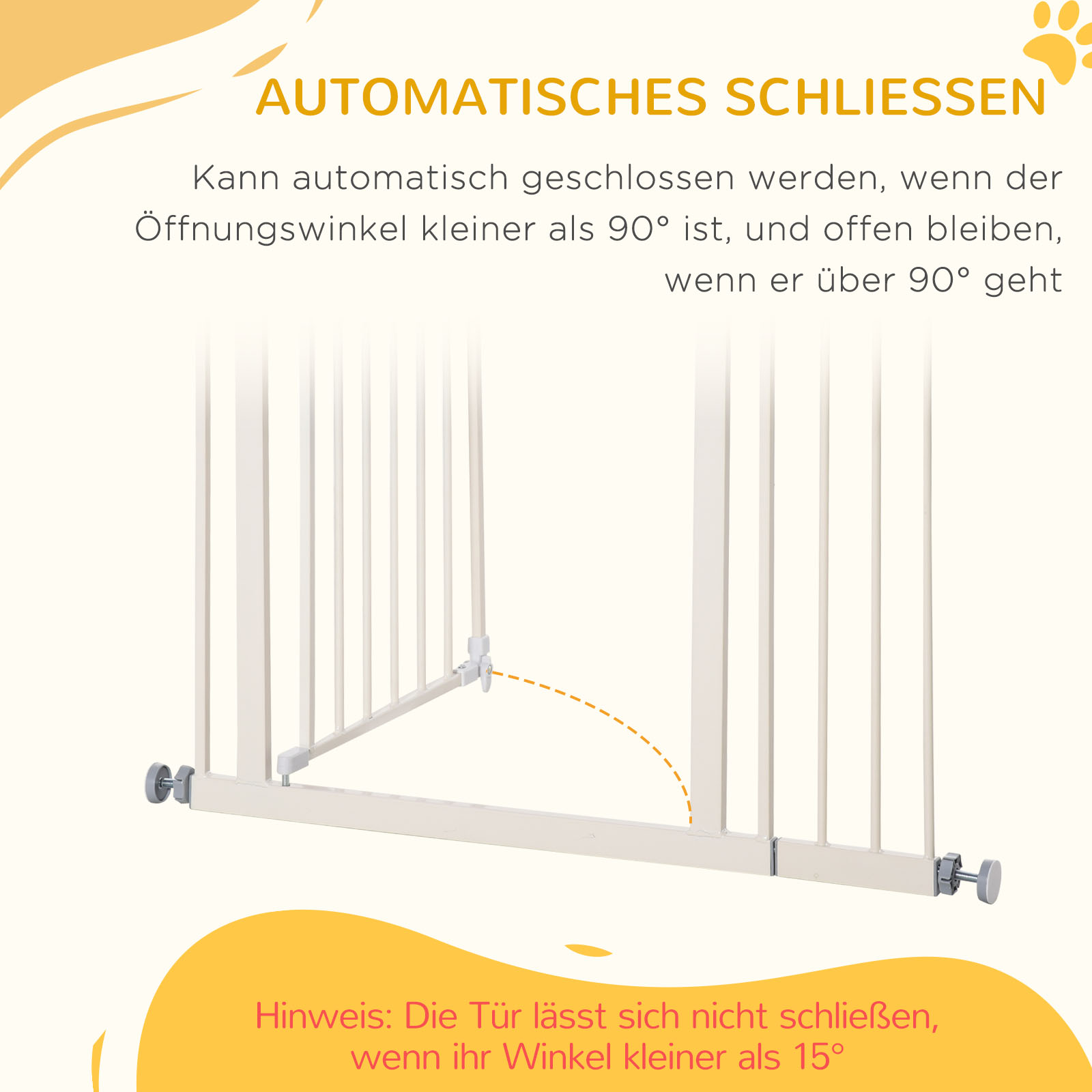 Ein weißes Babygitter mit einem Diagramm, das seinen Schließmechanismus erklärt.