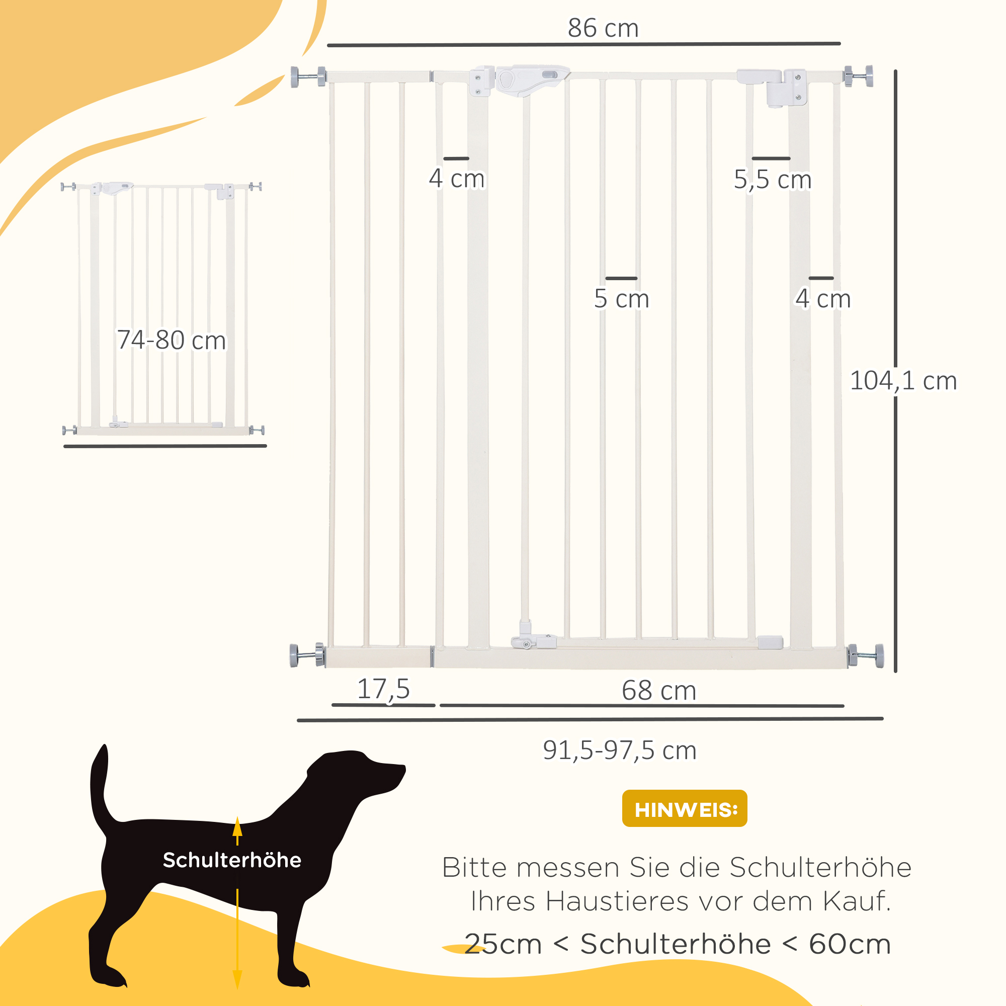 Diagramm mit Abmessungen eines Sicherheitsgitters, einschließlich Höhe, Breite und Schulterhöhe des Hundes.