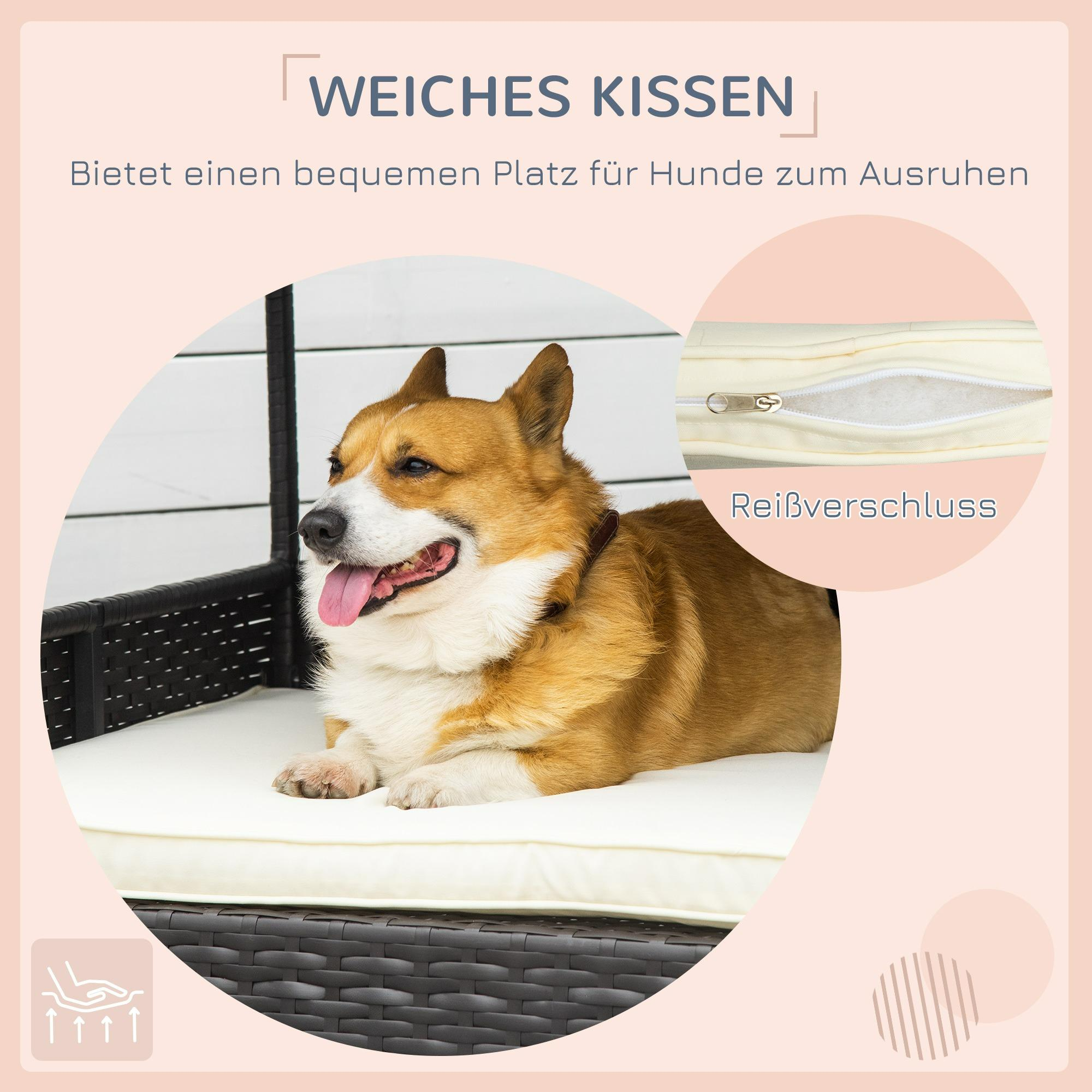 Ein Corgi-Hund liegt auf einem beigen Kissen auf einem schwarzen Rahmen, der Text oben lautet 'weiches Kissen'.