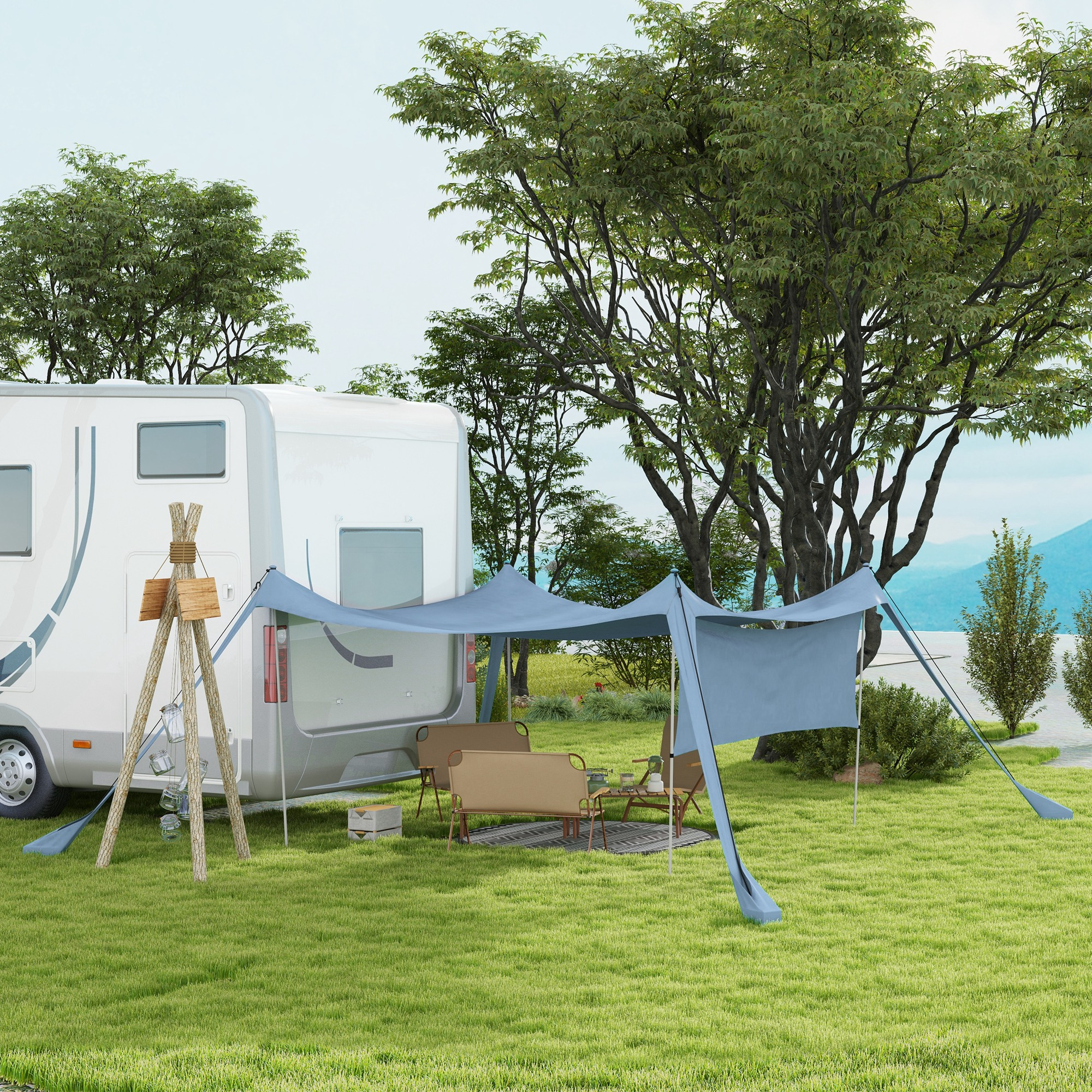 Wohnmobil-Camping-Szene mit Zelt, Stühlen und Tisch auf grünem Gras.