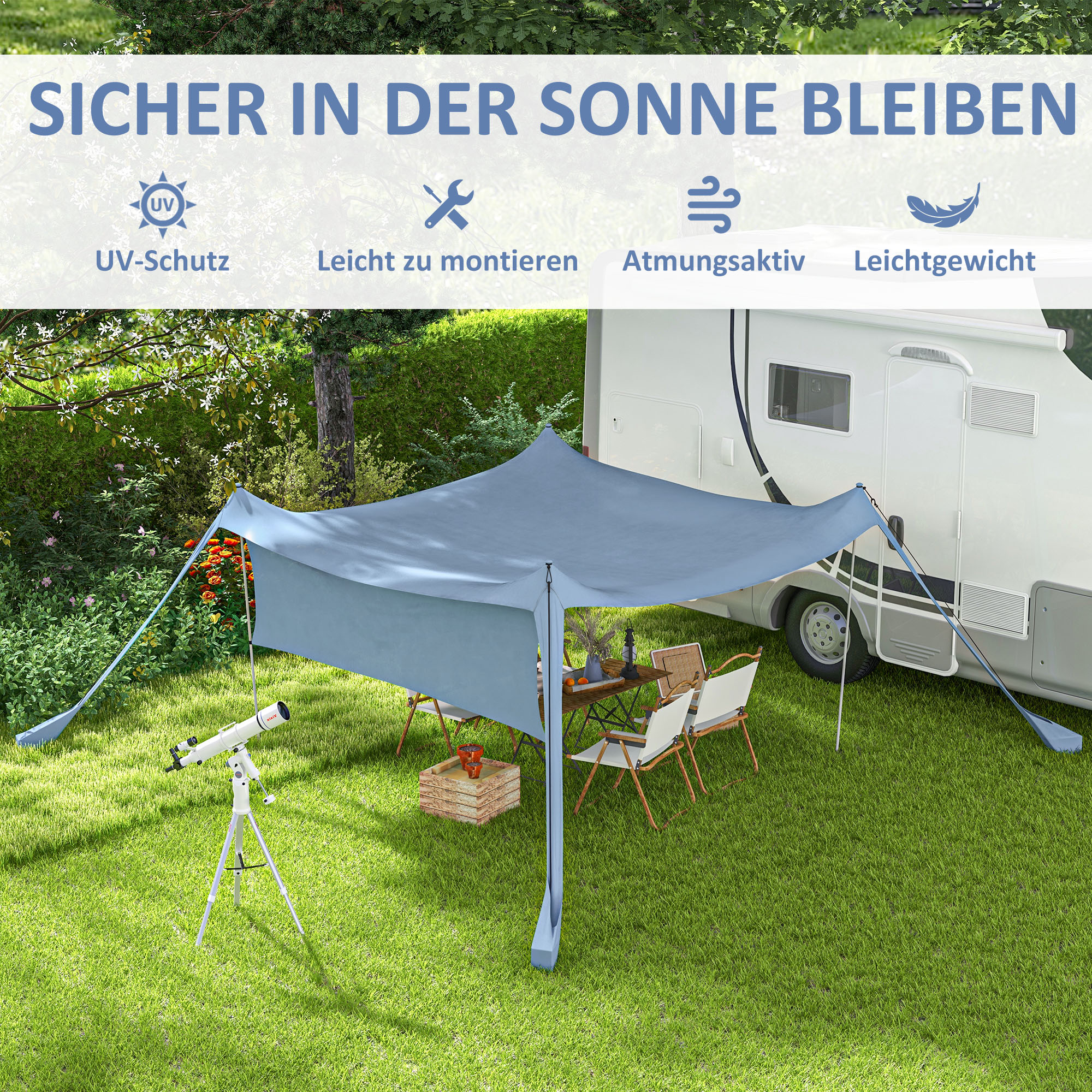 Ein blaues Vordachzelt auf Gras, mit einem Wohnmobil im Hintergrund und Text über UV-Schutz.