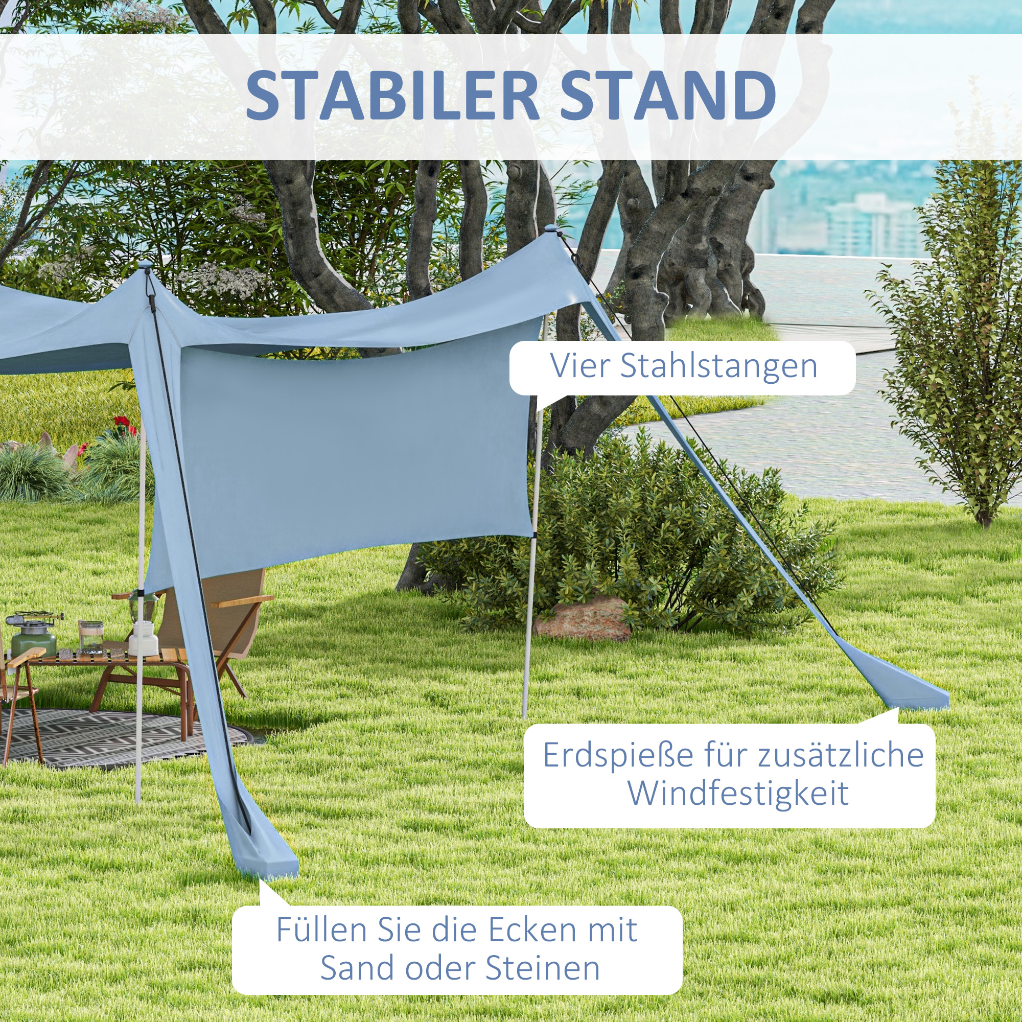 Ein blaues Baldachinzelt auf grünem Gras. Sprechblasen zeigen Details über das Zelt.
