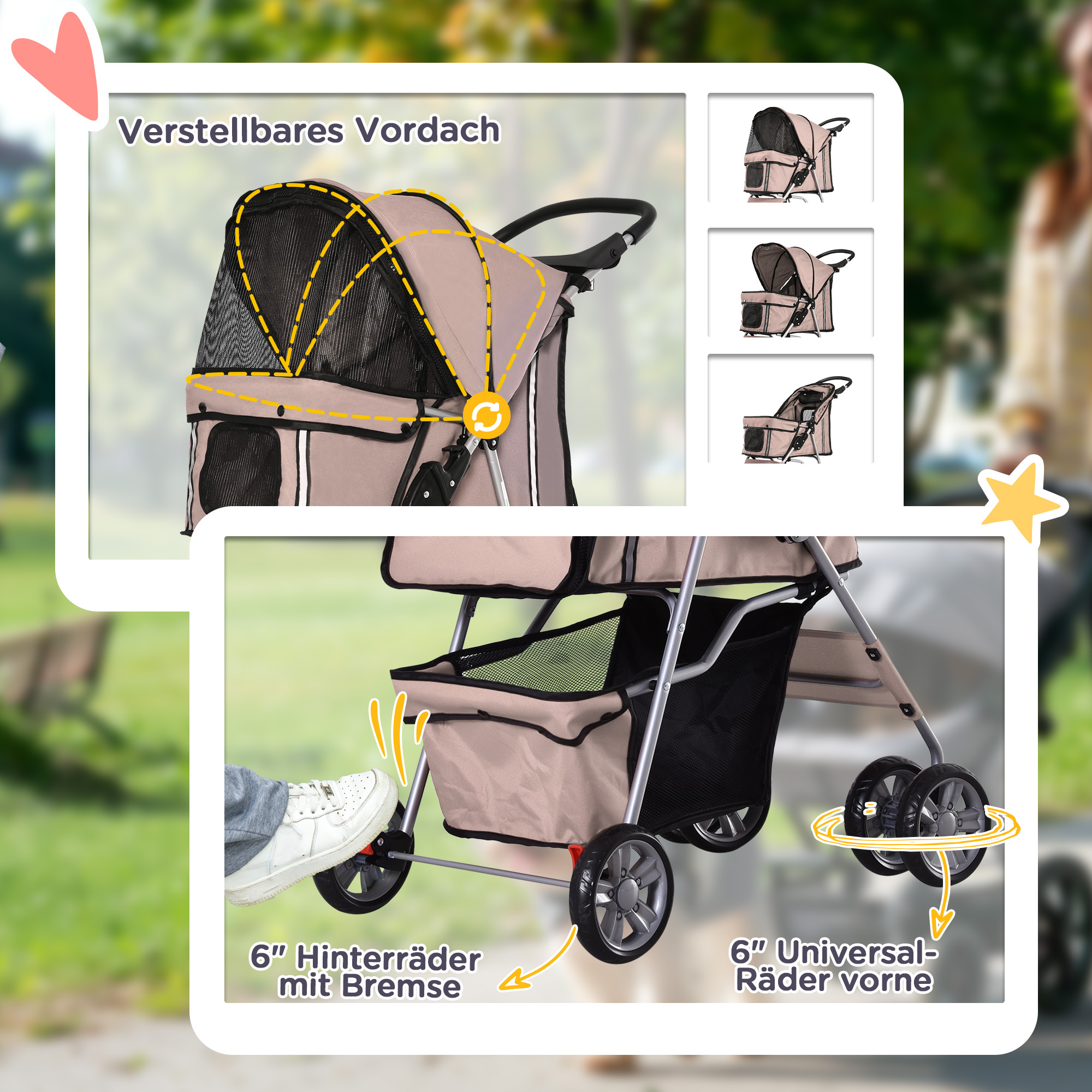 Ein Tierkinderwagen mit verstellbarem Verdeck, Seitenansichten und Fußbremse, mit Person.