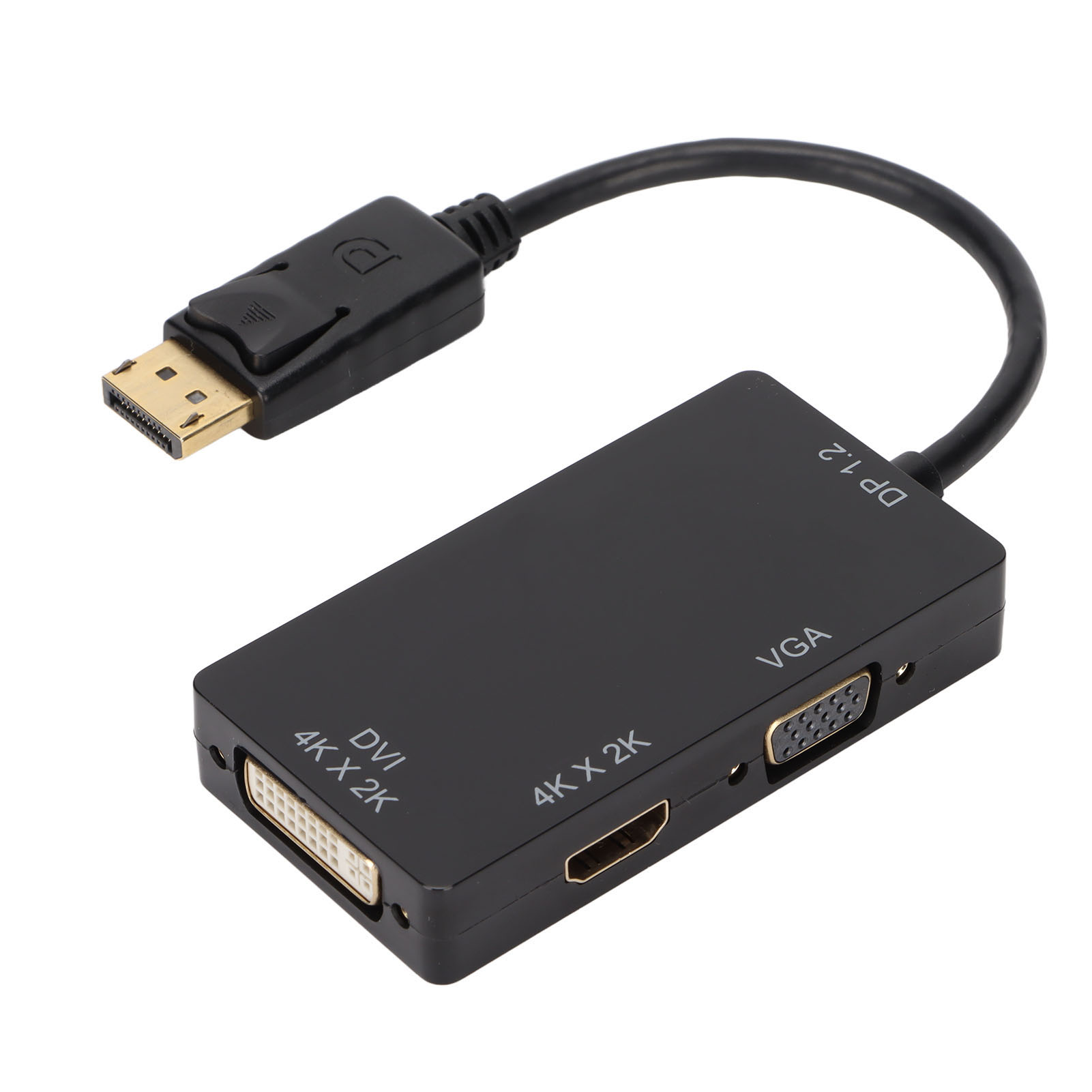 Schwarzer Adapter mit mehreren Anschlüssen, darunter HDMI, DVI und VGA. Er hat einen DisplayPort-Anschluss.