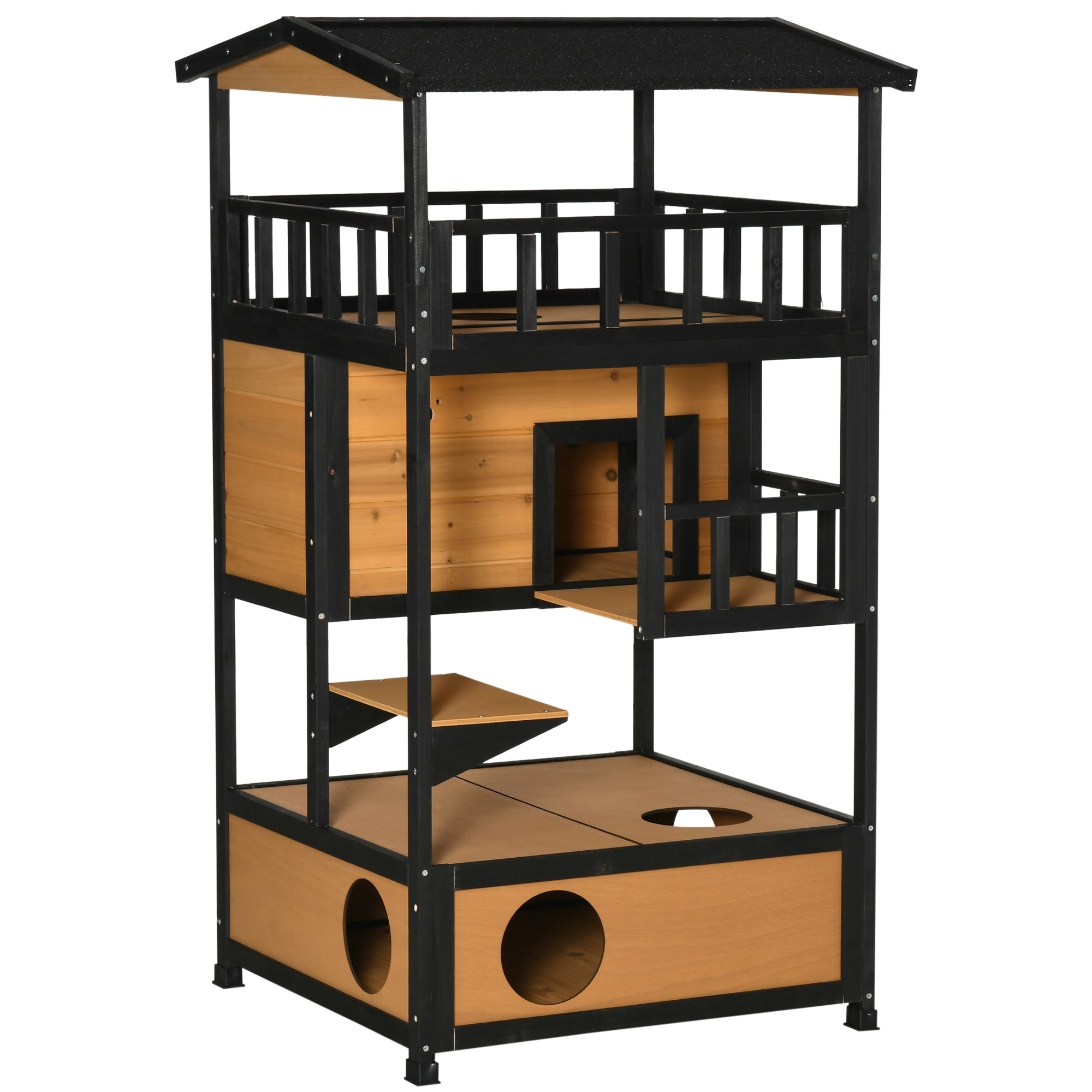 Mehrstöckiges Katzenhaus aus Holz mit schwarzem Dach und Rahmen. Es hat mehrere Ebenen und Öffnungen.