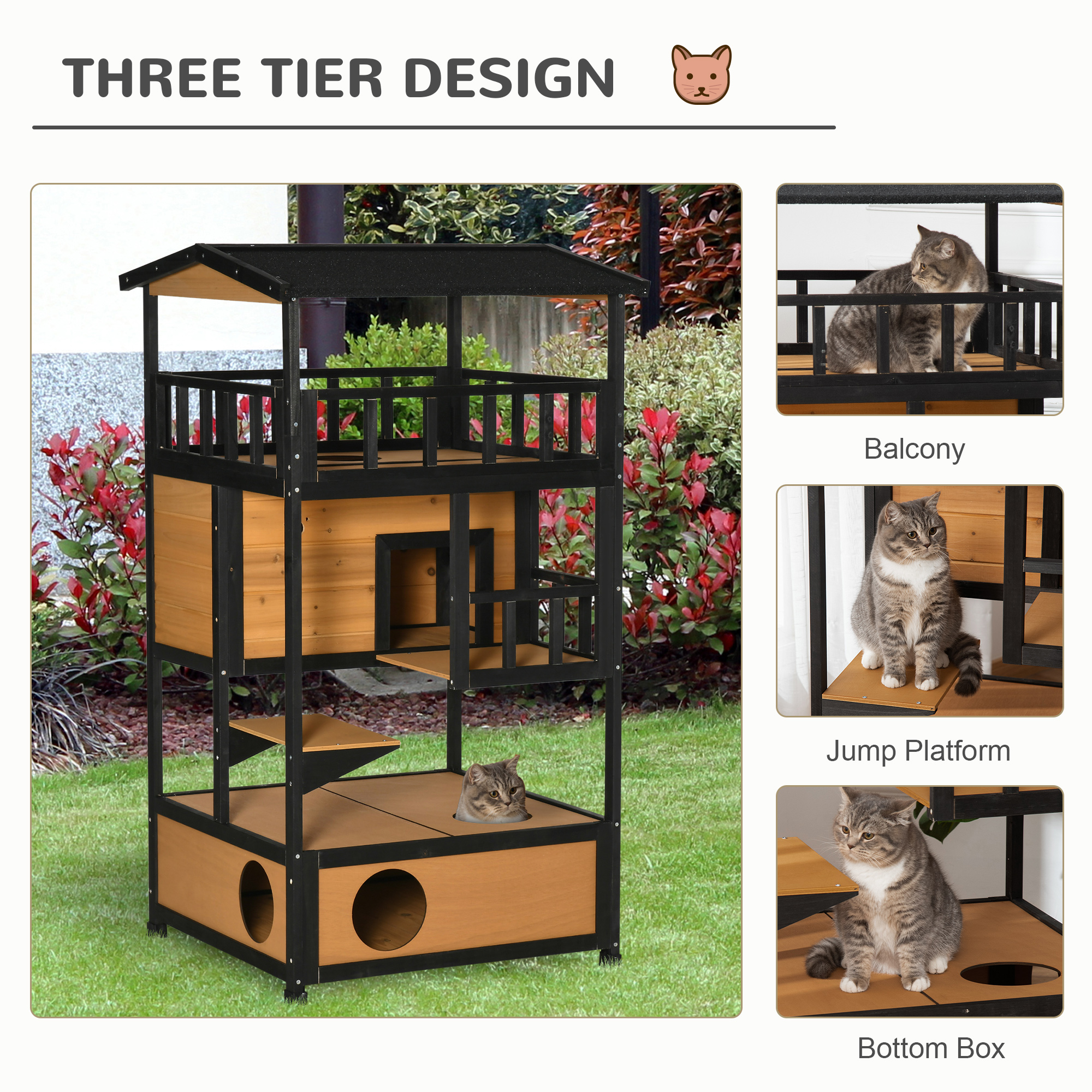 Mehrstöckiger Katzenbaum mit Katzen auf verschiedenen Ebenen. Drei Etagen, Löcher, Tür und ein Balkon sind zu sehen.