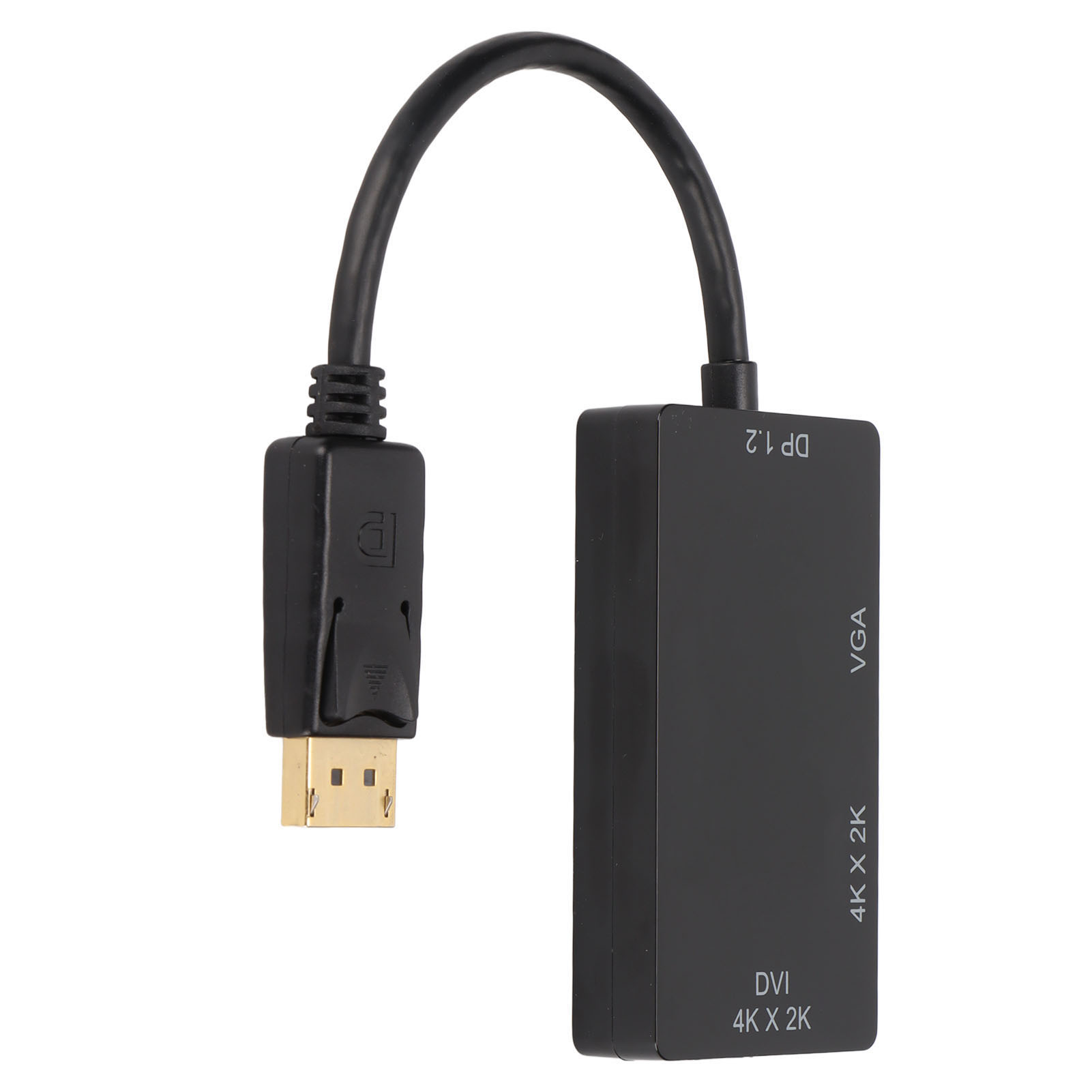 Ein schwarzes Kabel, das einen DP-Anschluss mit einem DVI- und VGA-Anschluss verbindet. Grünes Gras und ein Zaun im Hintergrund.