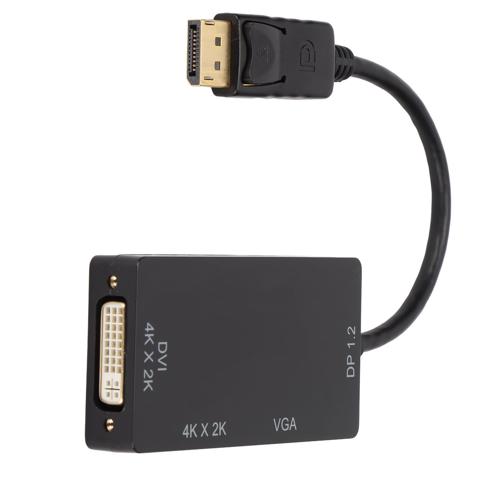 Schwarzer DP1.2-zu-DVI-Adapter mit DVI-Anschluss und DP1.2-Kabel. Weißer Hintergrund.