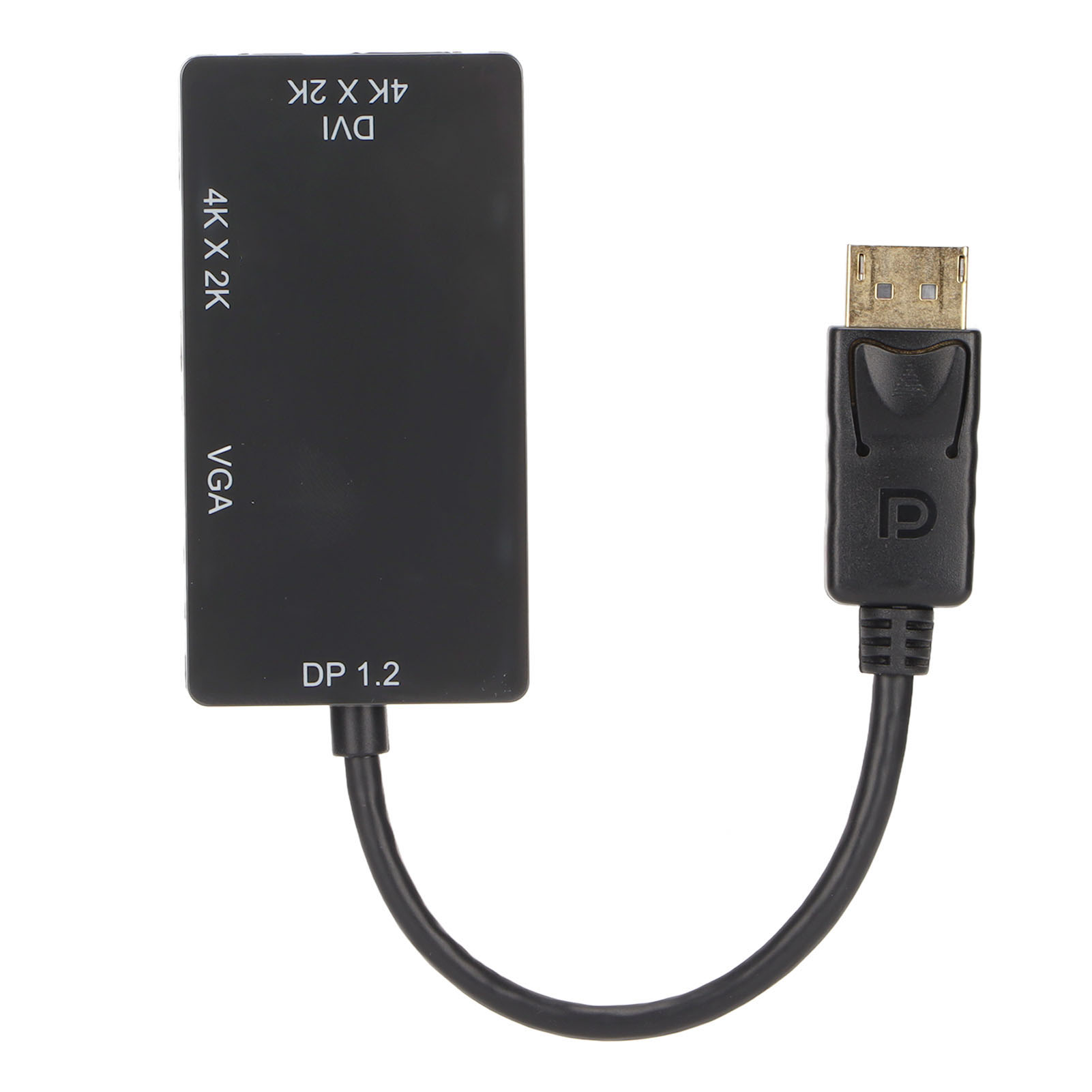 Ein schwarzer Adapter, der einen DP-Anschluss mit einem DVI- und VGA-Anschluss verbindet. Die Anschlüsse und ihre Beschriftungen sind sichtbar.