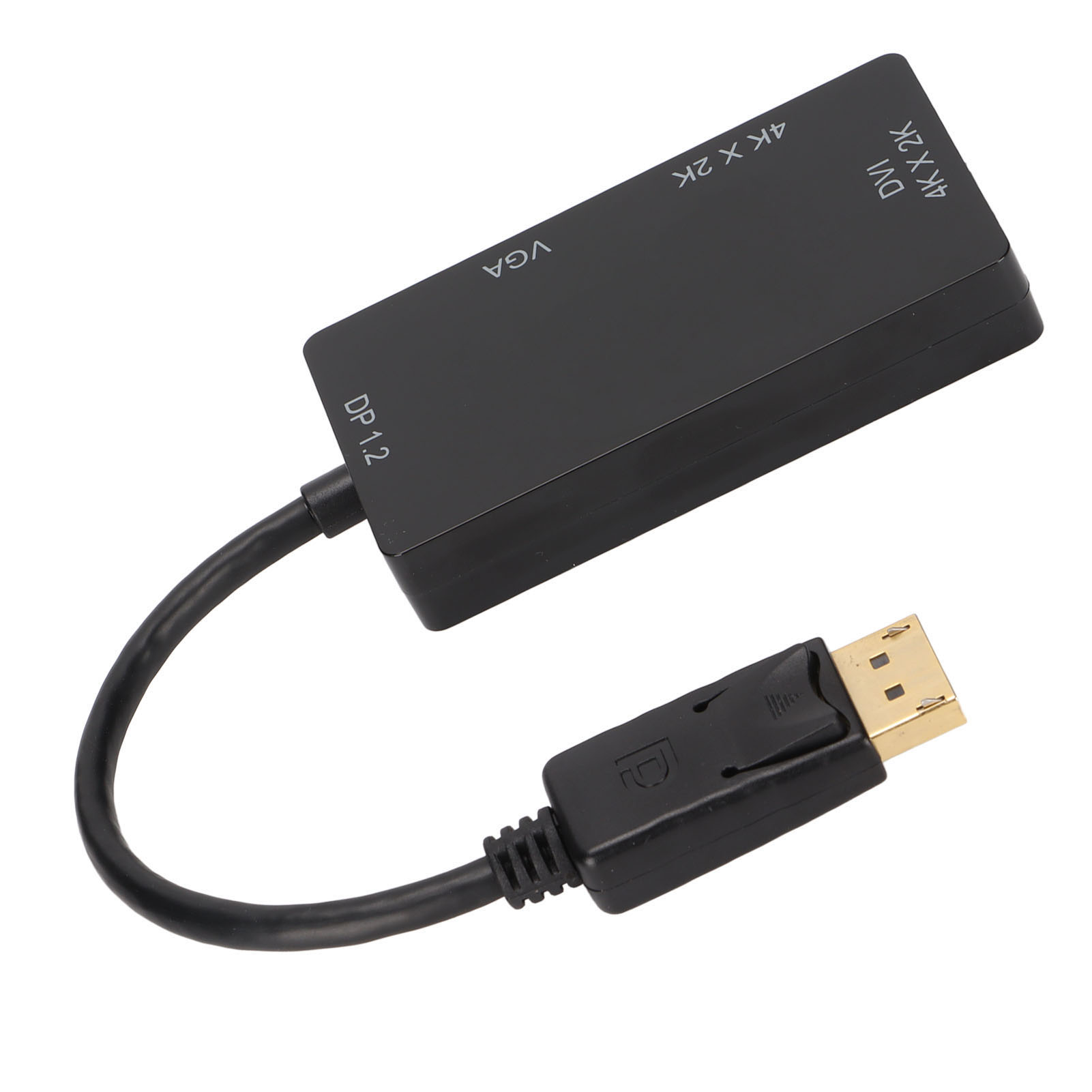 Schwarzer DP1.2-zu-DVI/VGA-Adapter. DP1.2-Kabel verbindet sich mit dem Adapter. Weißer Hintergrund.