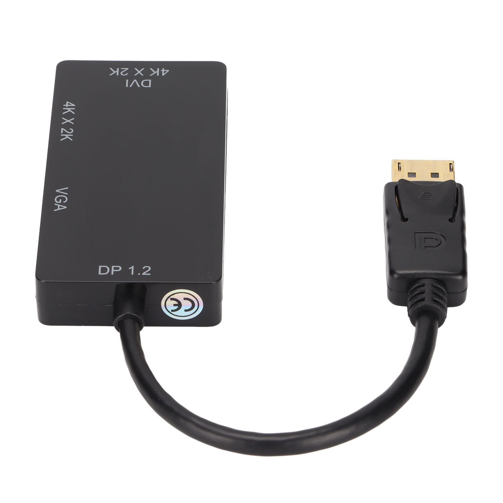 Schwarzer DP1.2-zu-DVI/VGA-Adapter. DP1.2-Kabel verbindet sich mit dem Adapter. Weißer Hintergrund.