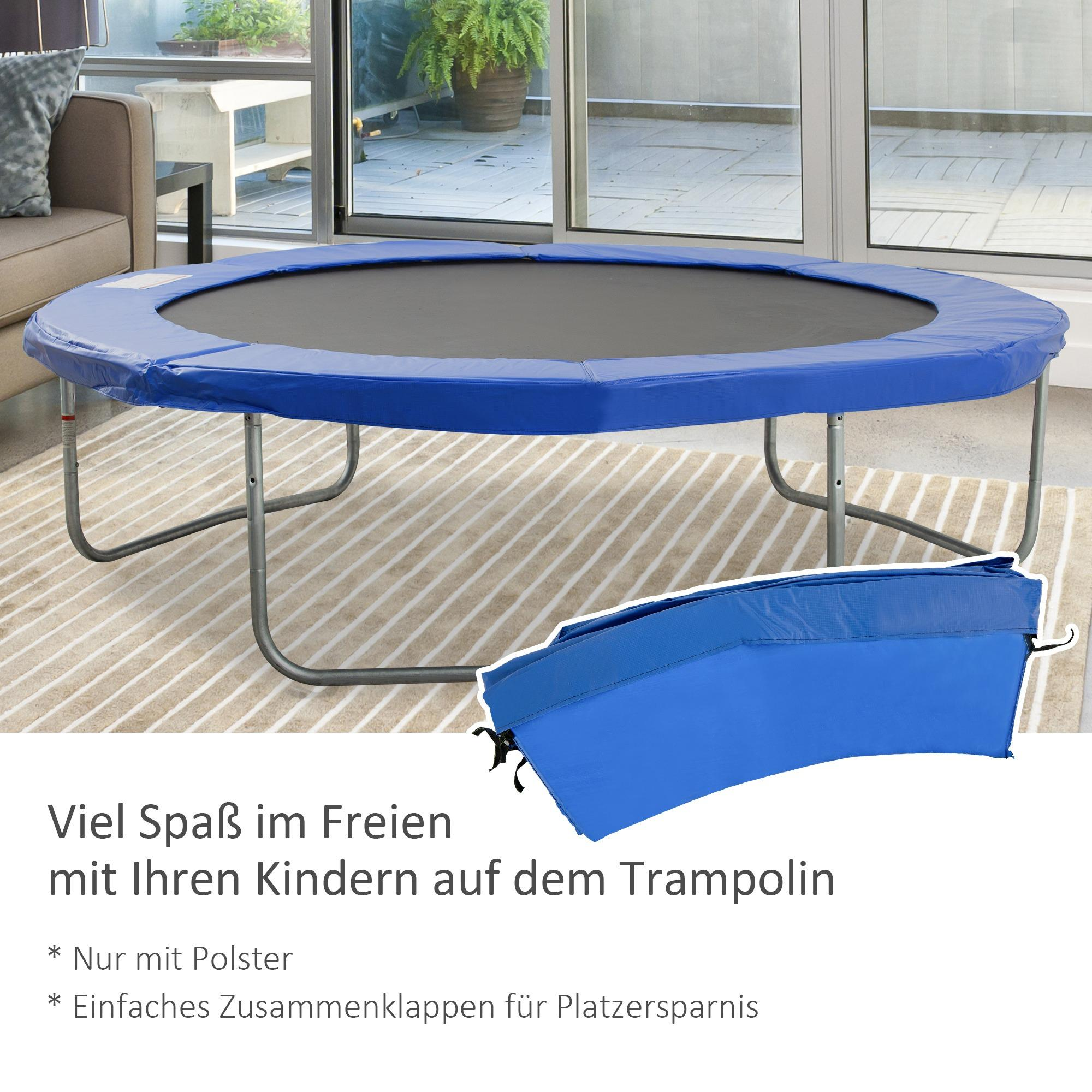 Blaues Trampolin auf einer Terrasse. Blauer und weißer Hintergrund. Text auf Deutsch.