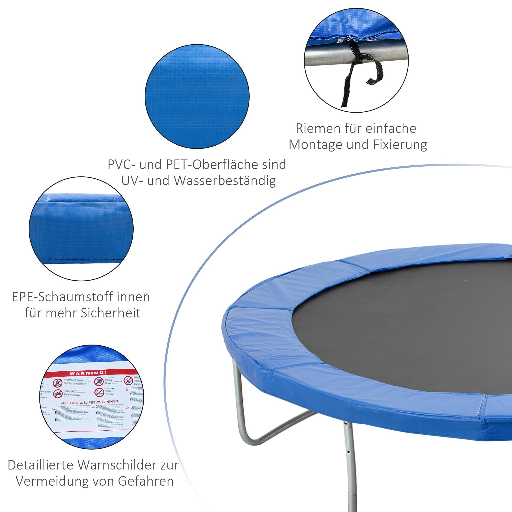 Ein blauer Trampolinrand mit Text und Details. Es ist an einem Metallrahmen befestigt.