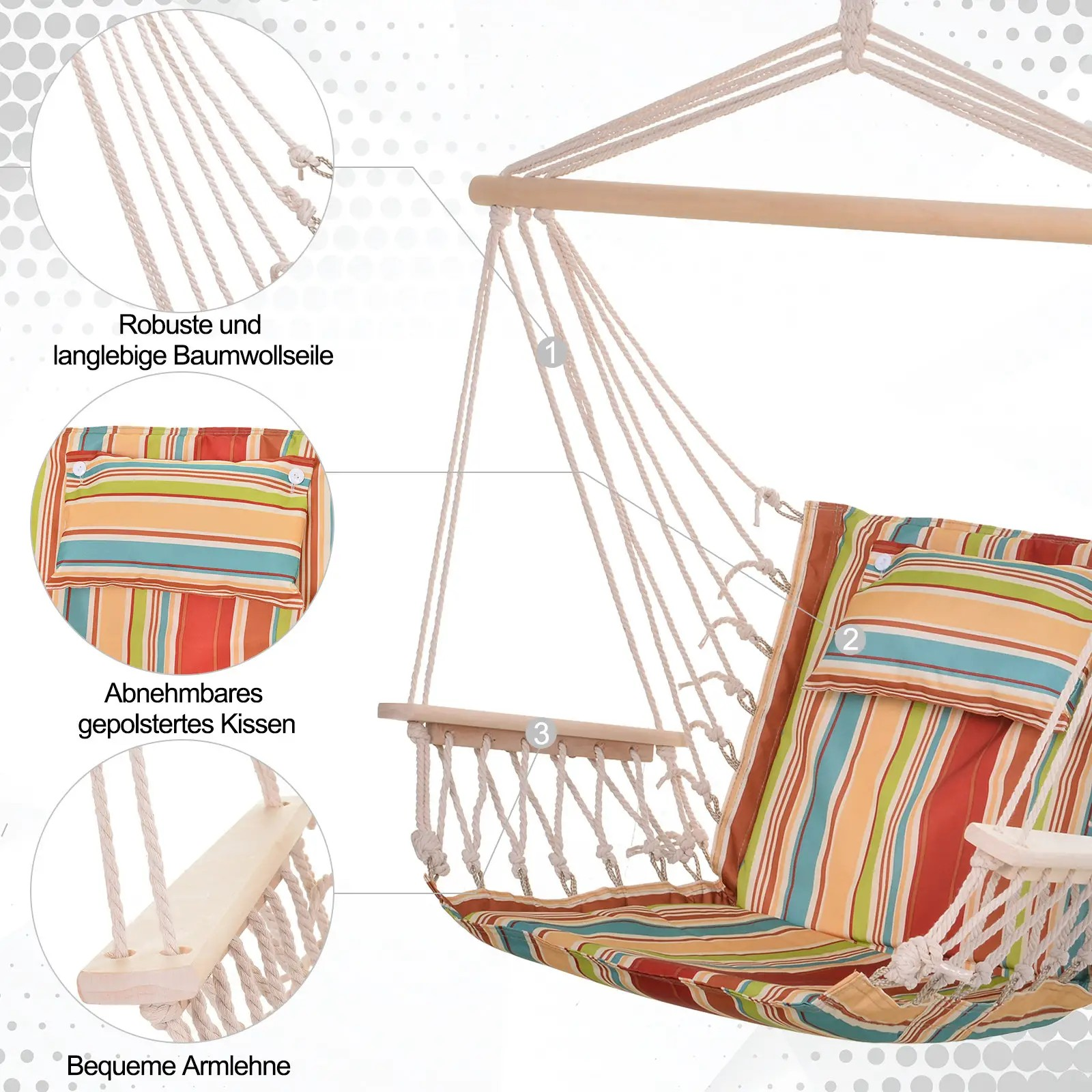Nahaufnahme der Hänge-Sessel-Details. Gestreiftes Kissen, Holzarmlehne und Seile sichtbar.