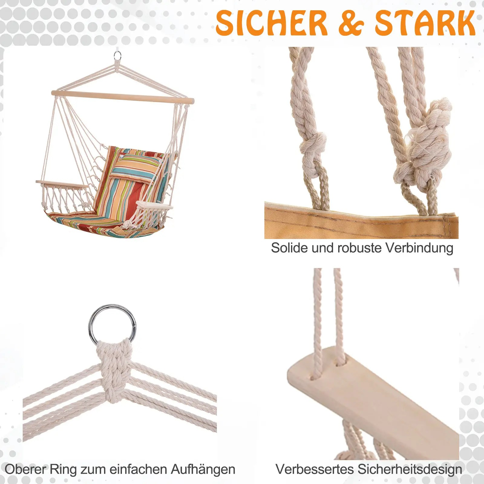 Nahaufnahmen von Details eines Hängestuhls, einschließlich Seilanschlüssen und Holzrahmen.