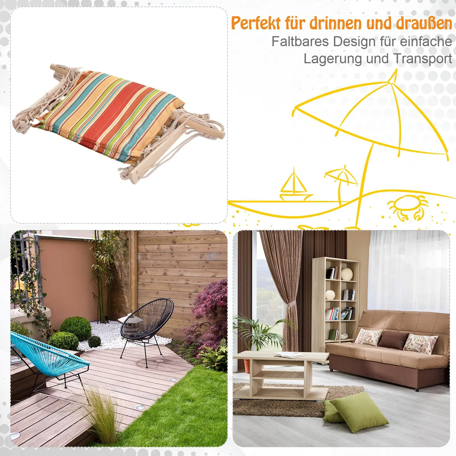 Bilder eines Hängestuhls, mit Strand- und Innenraum-Illustrationen sowie einem Sonnenschirm.