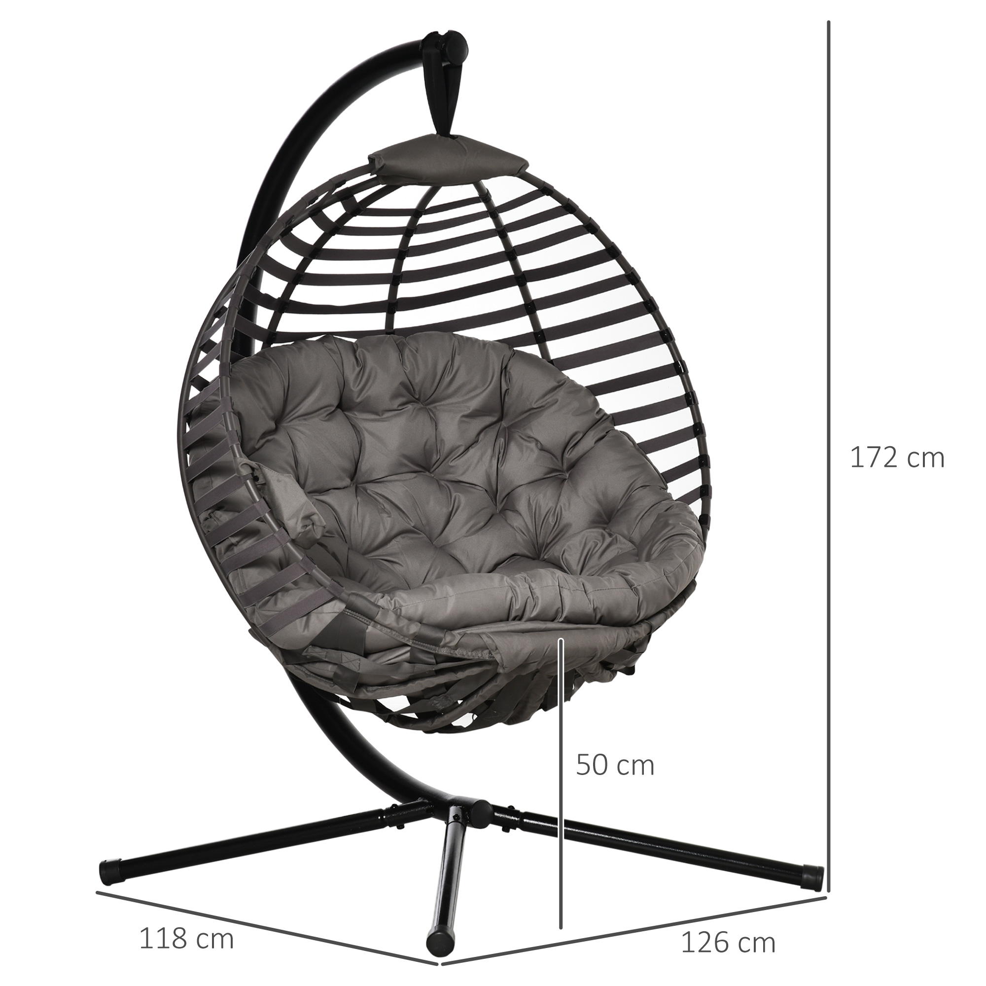 Detailliertes Bild eines grauen Hängesessels. Abmessungen: 172 cm hoch, 126 cm breit und 118 cm tief.
