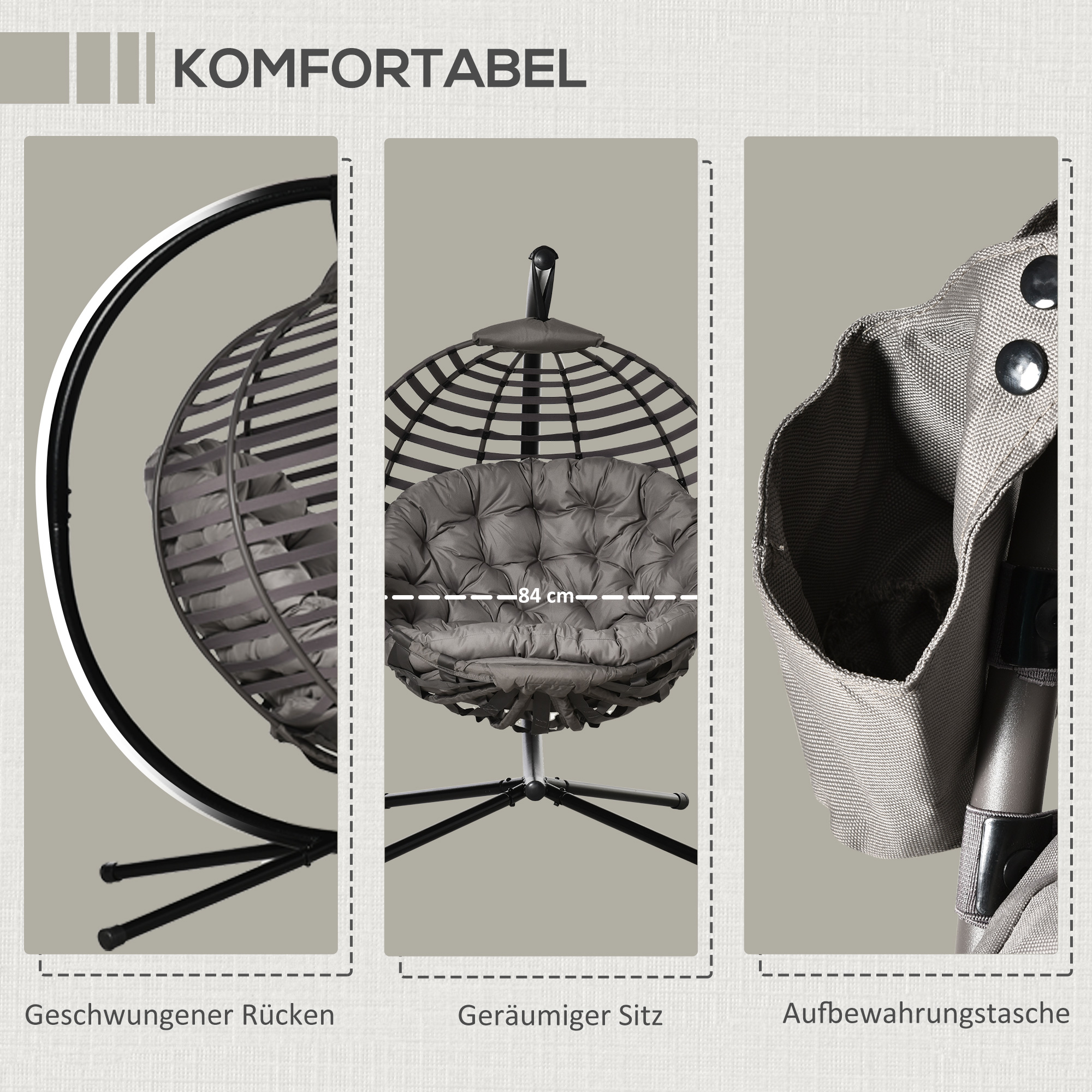 Detaillierte Ansicht eines grauen Hängesessels mit hervorgehobenen Abmessungen und Komponenten.