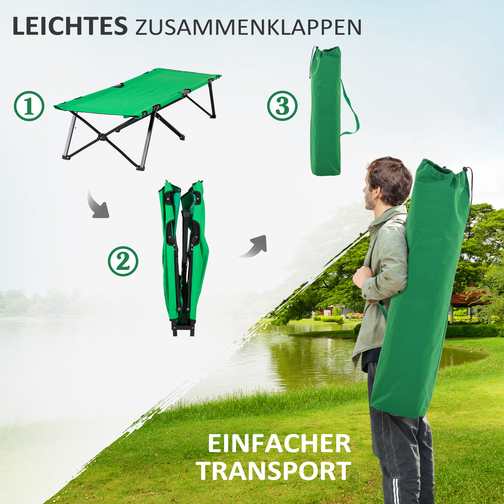 Eine grüne, zusammenklappbare Liege wird von einem Mann in einer Tragetasche gefaltet und transportiert.