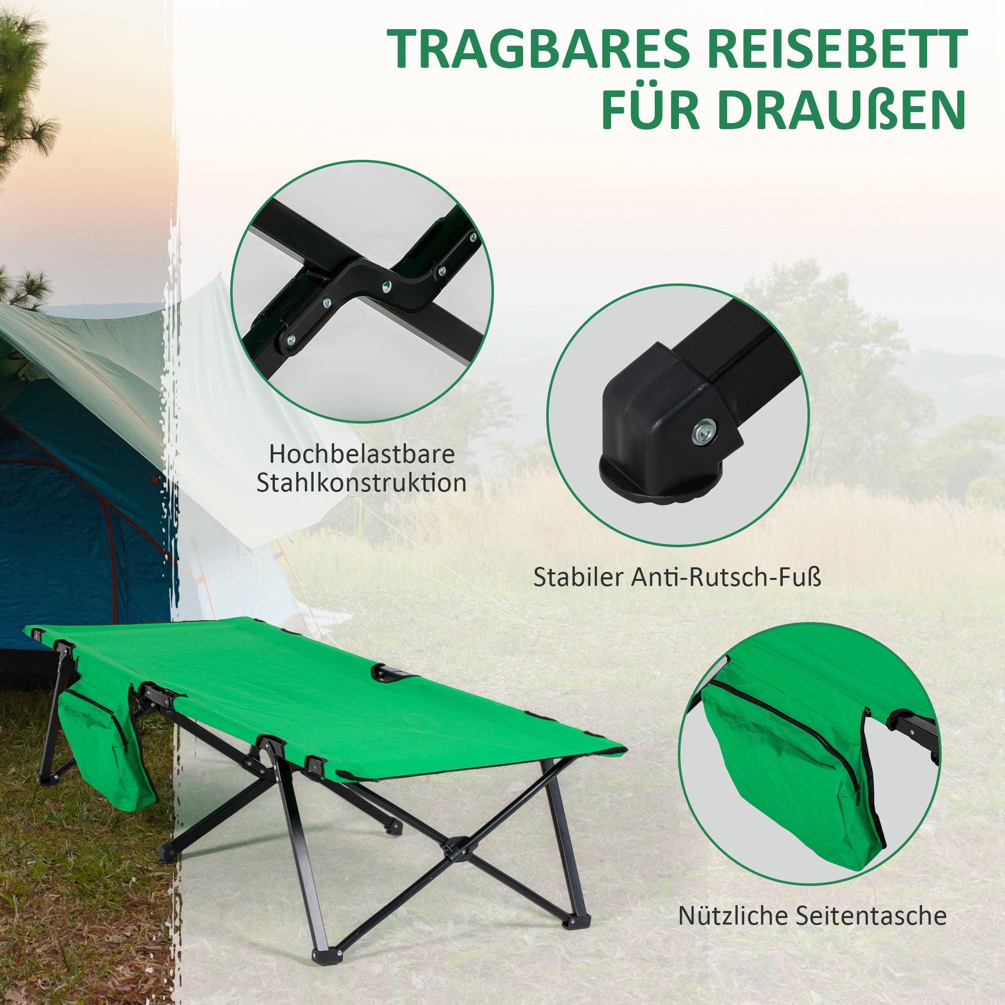 Grünes tragbares Campingbett mit Details. Merkmale sind eine Seitentasche, stabile Beine und robuste Konstruktion.