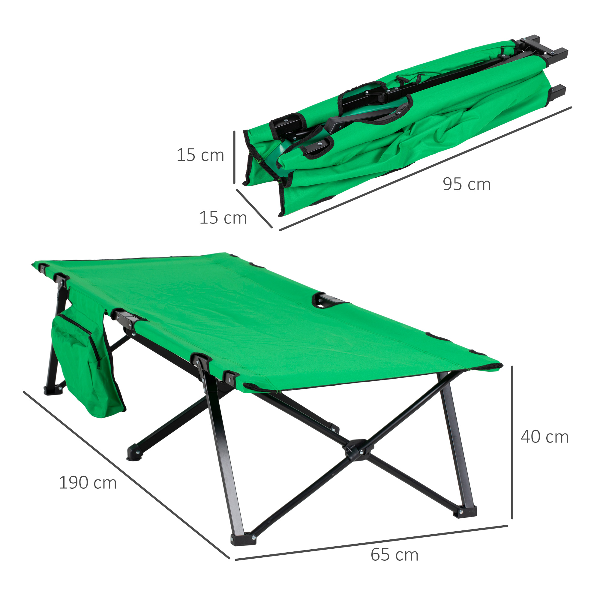 Grünes tragbares Campingbett, gefaltet und entfaltet. Abmessungen sind angegeben: 190 cm, 65 cm, 40 cm, 15 cm, und 95 cm.