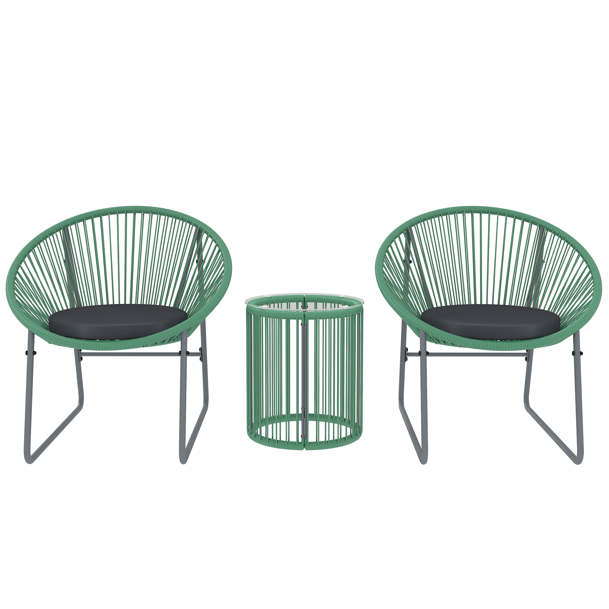 Zwei grüne Stühle und ein Beistelltisch. Das Set hat ein gewebtes Design mit grauen Rahmen.