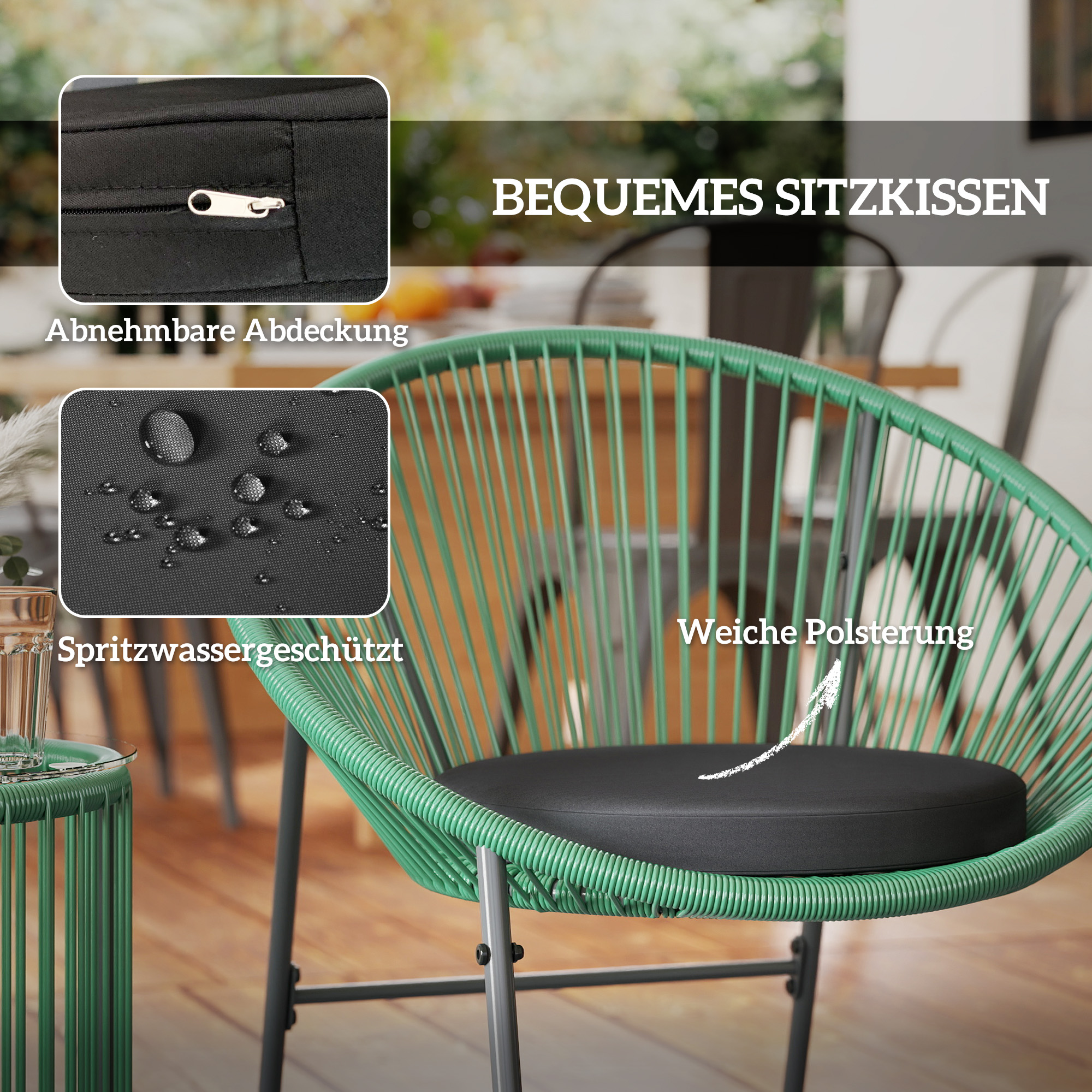 Nahaufnahme eines grünen Stuhls mit schwarzem Kissen. Details der Stuhlmerkmale werden gezeigt.