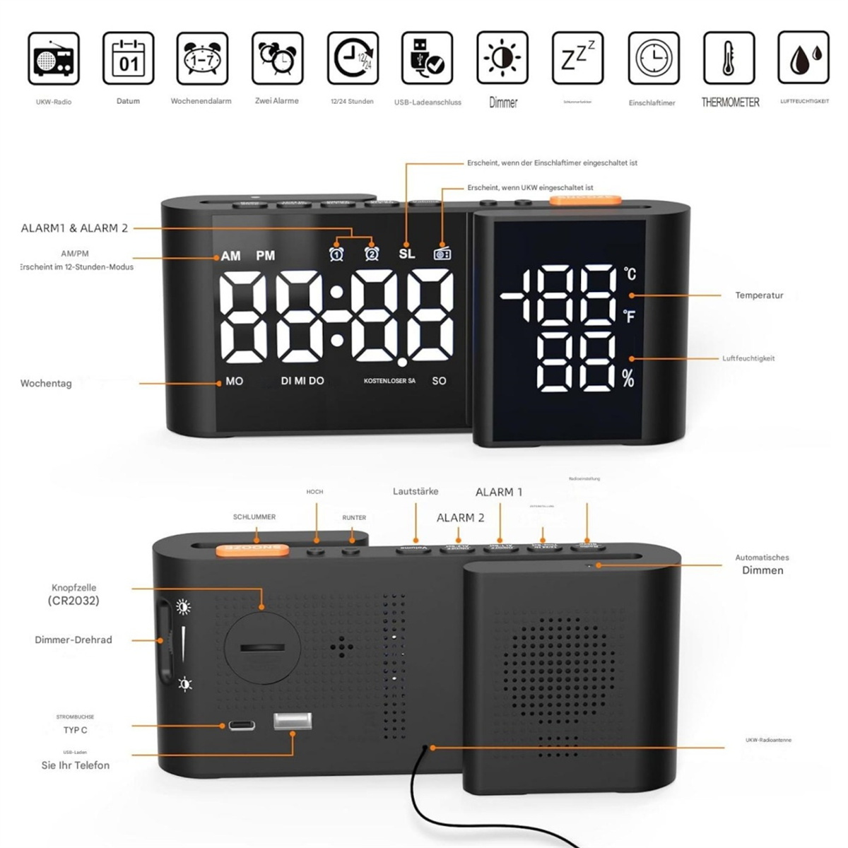 Eine schwarze Digitaluhr mit mehreren Anzeigen für Uhrzeit, Datum und Temperatur.
