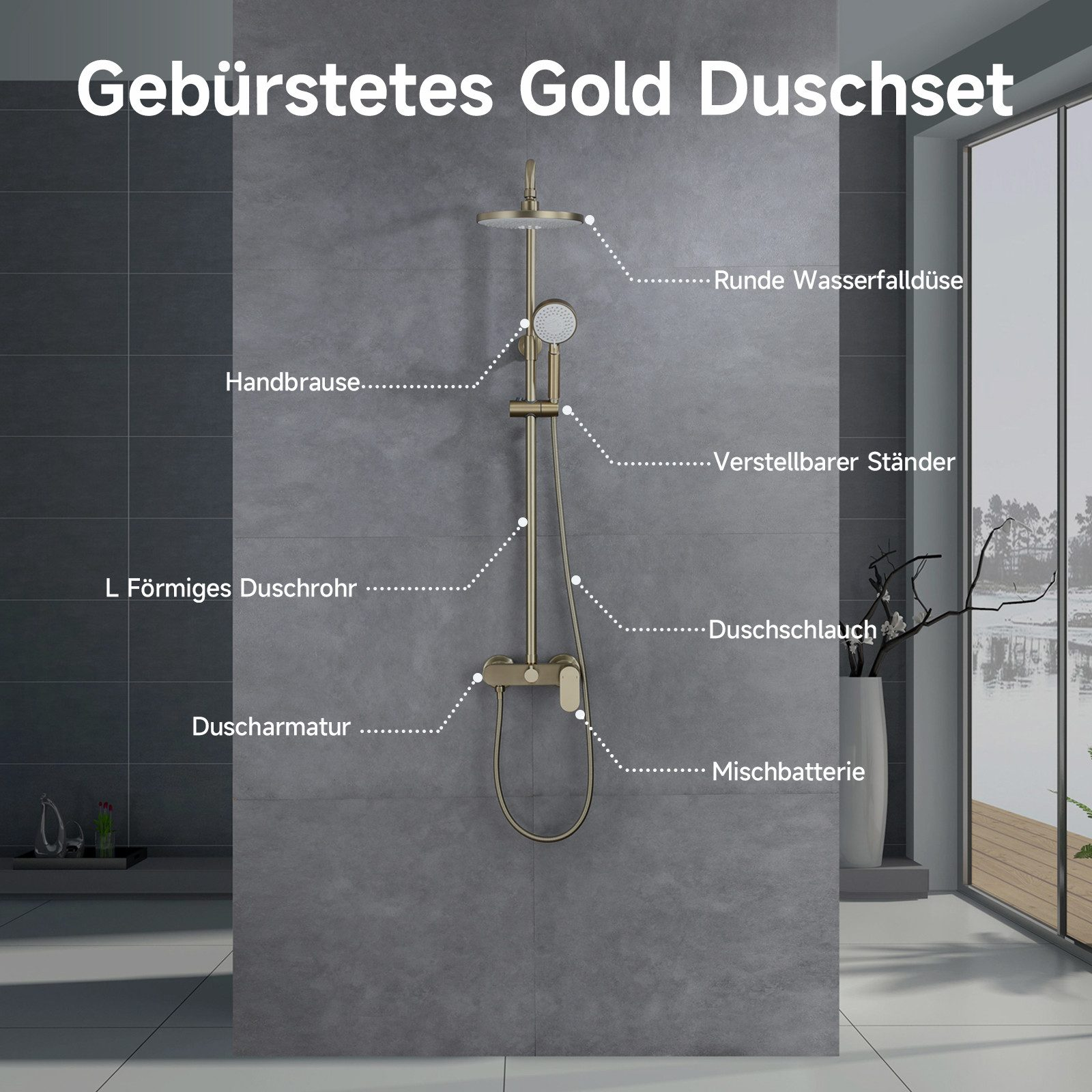 Goldenes Duschset mit mehreren Komponenten. Enthält Duschkopf, Handbrause und Mischbatterie.