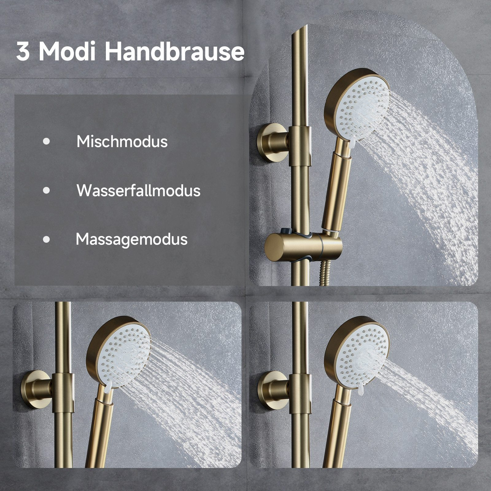 Goldener Duschkopf mit drei Modi: Mix, Wasserfall und Massage. Wasser strömt heraus.