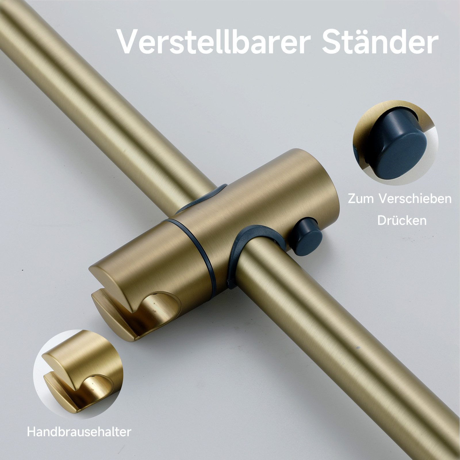 Goldene Duscharmatur mit verstellbarer Stange. Nahaufnahme des Halters und der Stange.