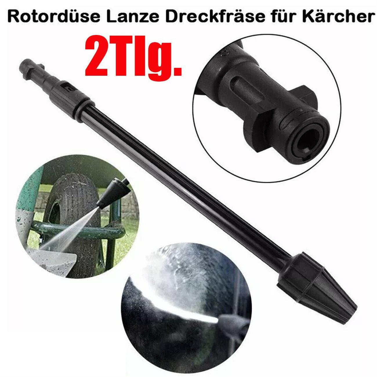 Schwarze Hochdruckreinigerdüse. Wasserstrahl. Text: Rotordüse Lanze Dreckfräse für Kärcher.