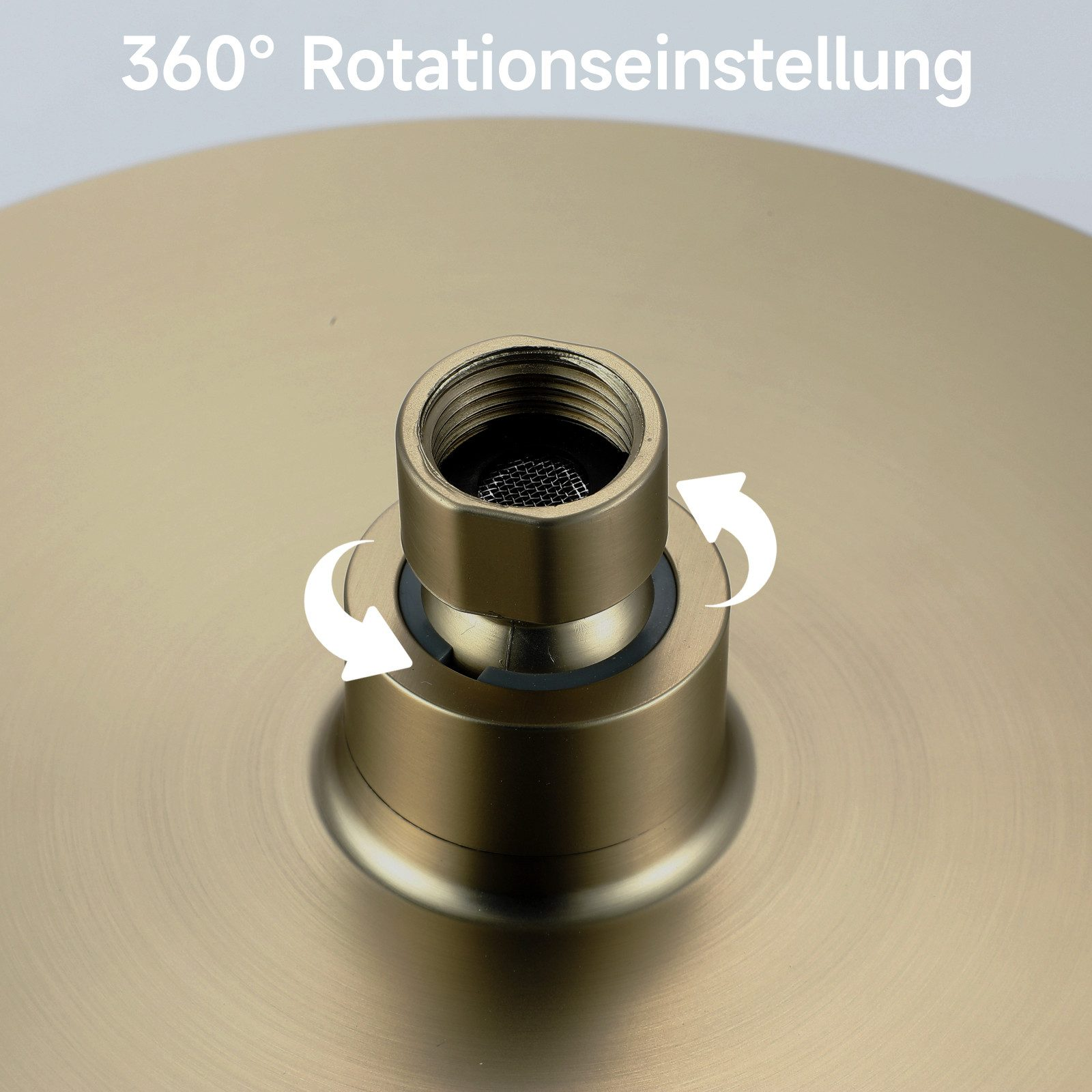 Eine Nahaufnahme eines goldenen Duschkopfs. Pfeile weisen auf eine 360-Grad-Drehung hin.