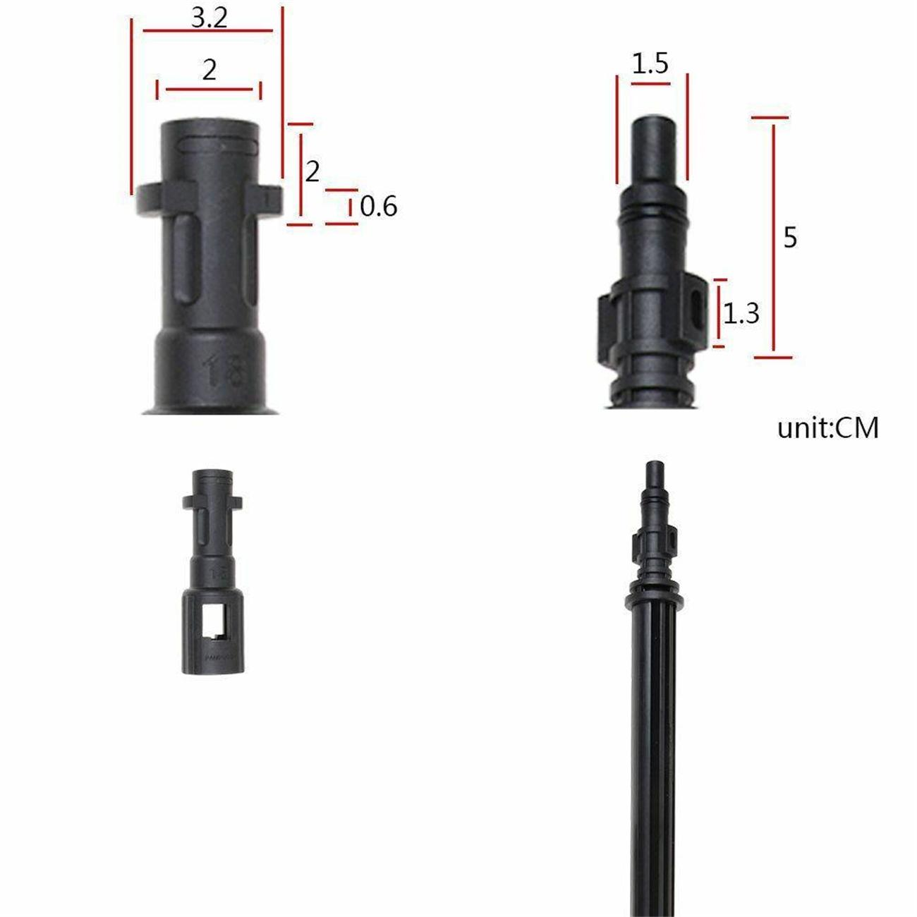 Vier schwarze Stecker. Die Abmessungen sind in Zentimetern angegeben. Einheit:CM ist beschriftet.