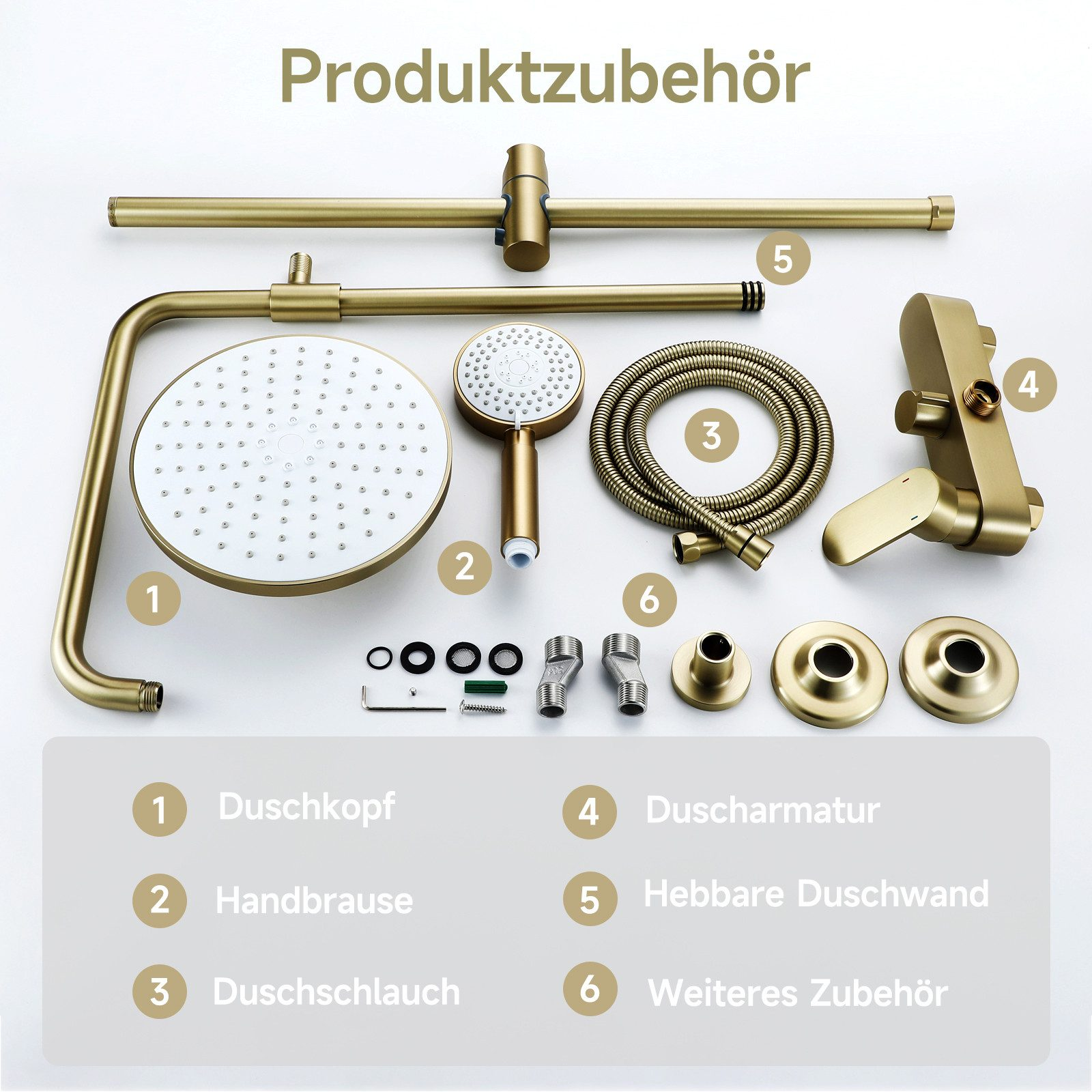 Komponenten eines goldenen Duschsystems, die mit Nummern und deutschen Wörtern beschriftet sind.