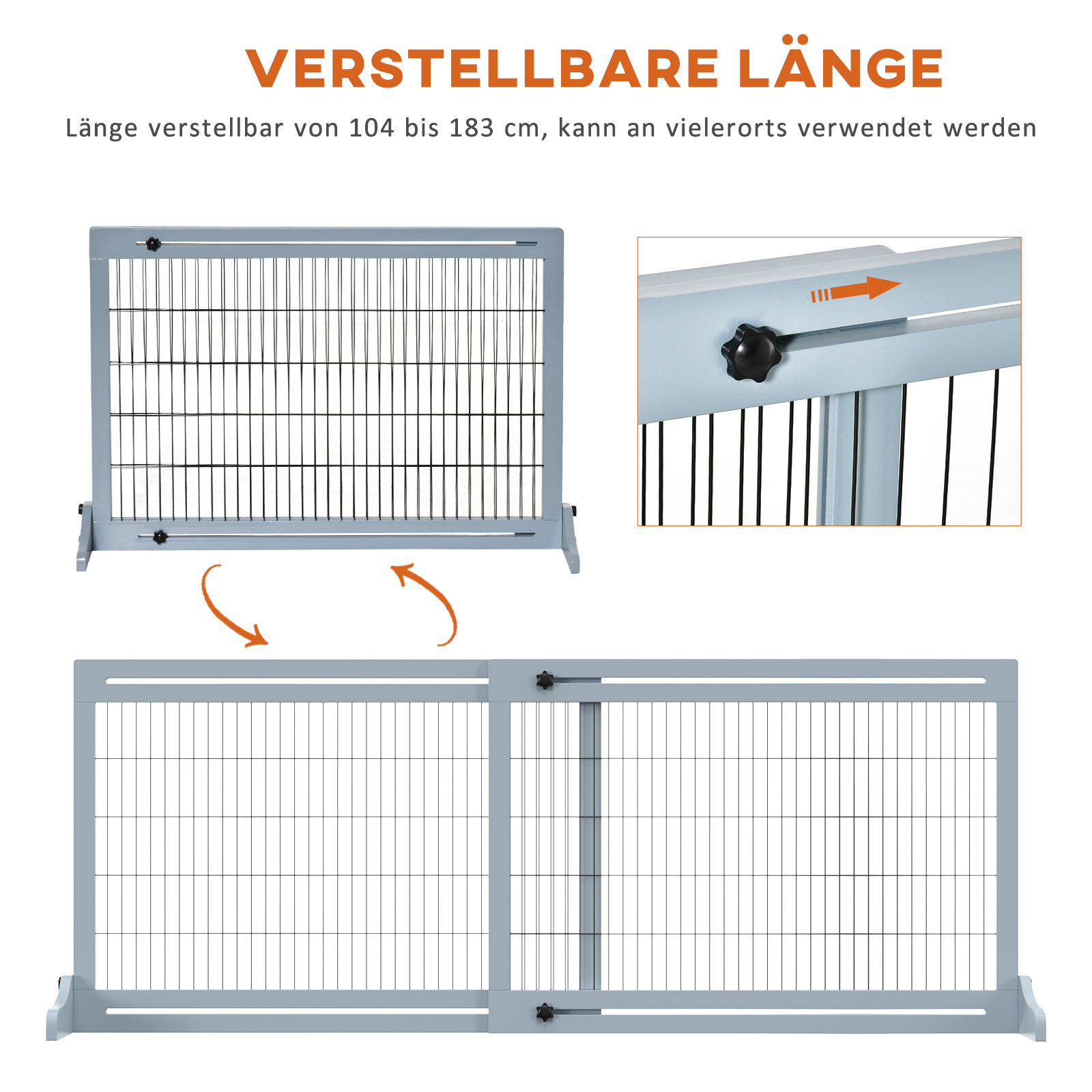 Ein graues Haustiergitter. Das Gitter ist verstellbar. Der Text lautet: verstellbare Länge von 104 bis 183 cm.
