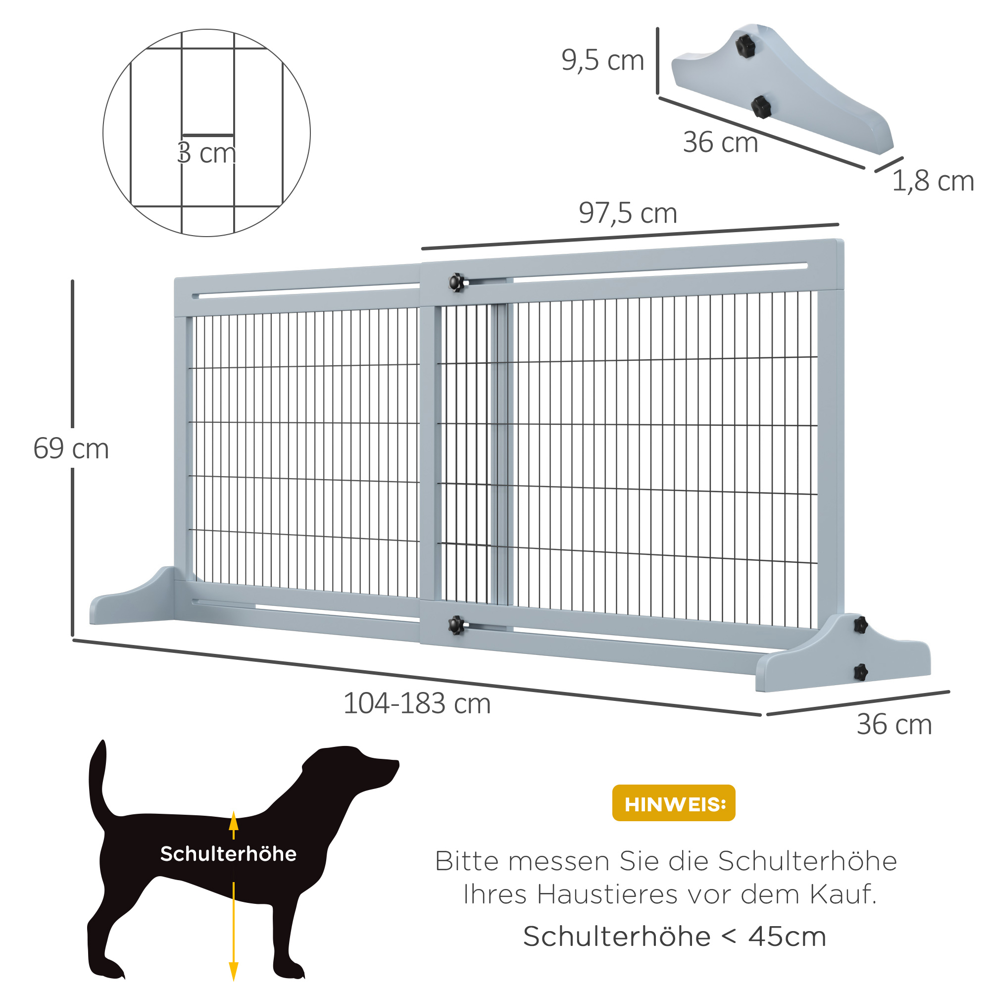 Diagramm eines grauen Haustiergitters. Abmessungen und Maße sind enthalten, zusammen mit einer Hunde Silhouette.