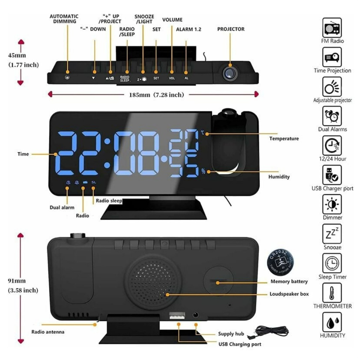 Detailliertes Diagramm eines digitalen Weckers mit Abmessungen und beschrifteten Funktionen. Knöpfe und Radioantenne.